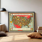 A framed illustration of a colorful map of the United States, depicting various food-related icons and labels.