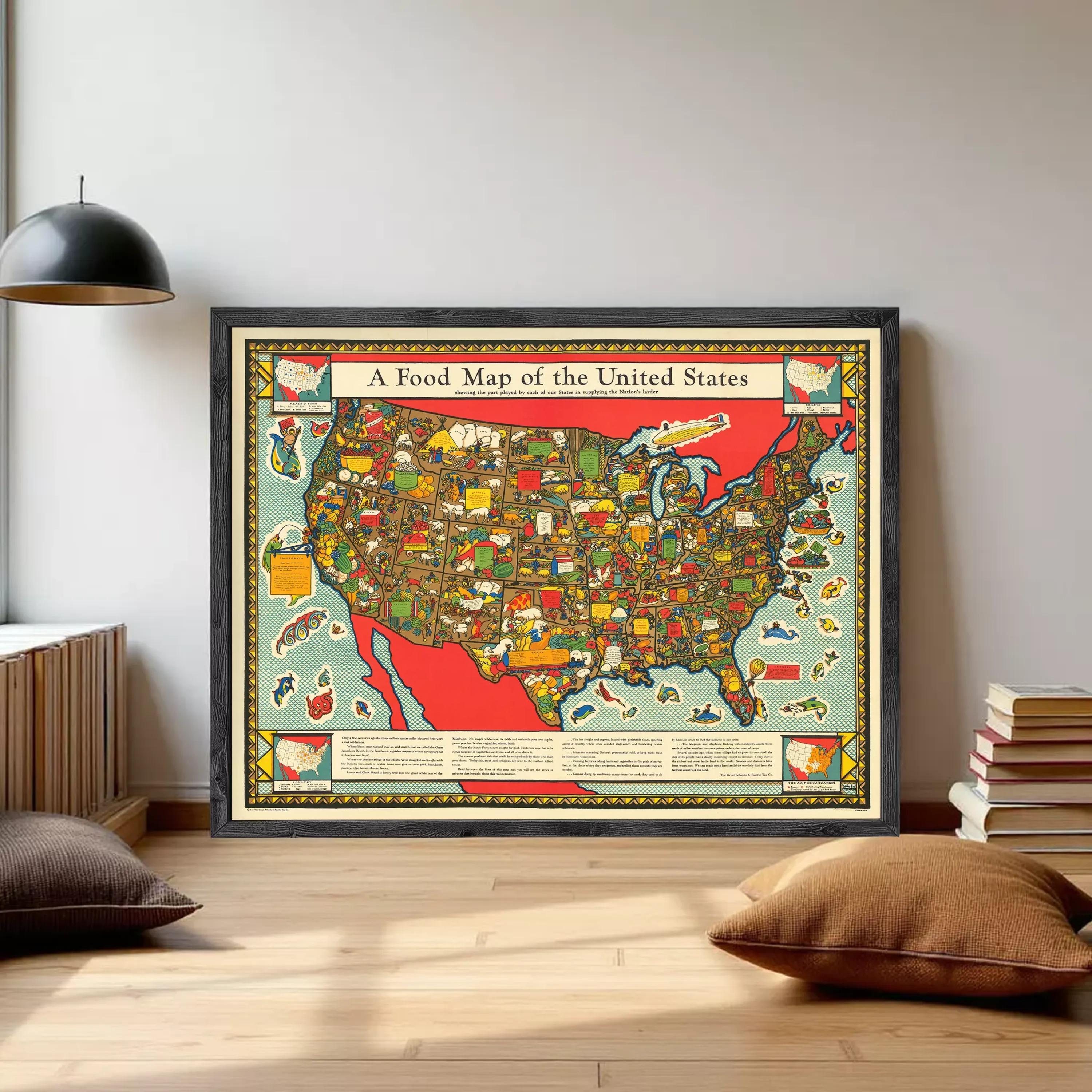 A framed illustration of a colorful map of the United States, depicting various food-related icons and labels.
