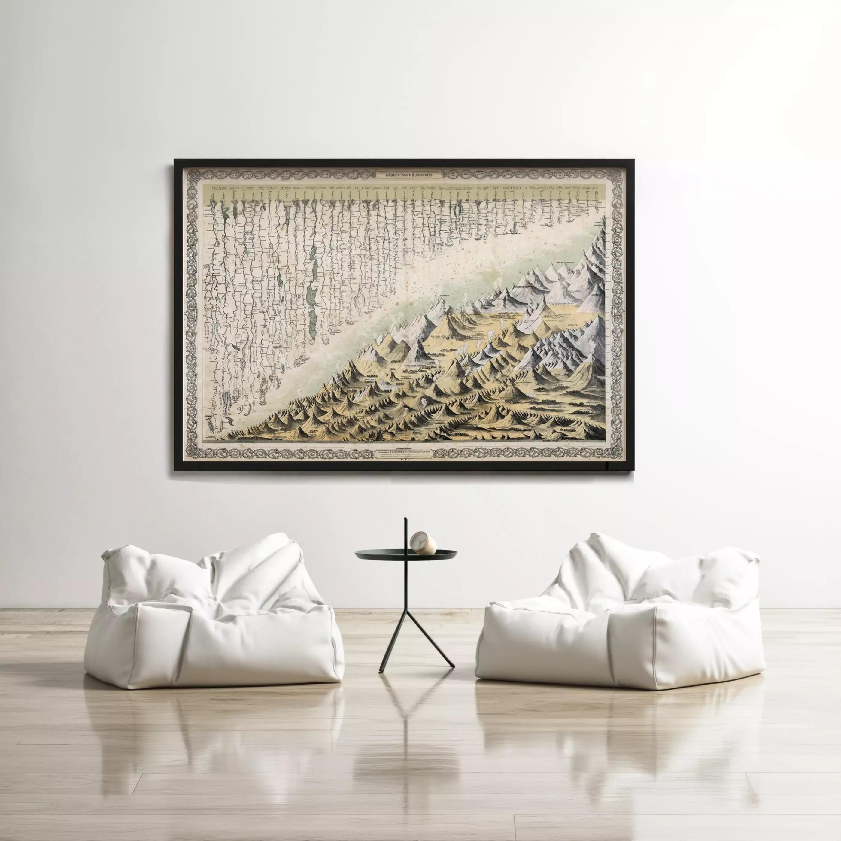 a large framed painting of a mountain landscape hanging on a white wall above a pair of white bean bag chairs and a small black table.