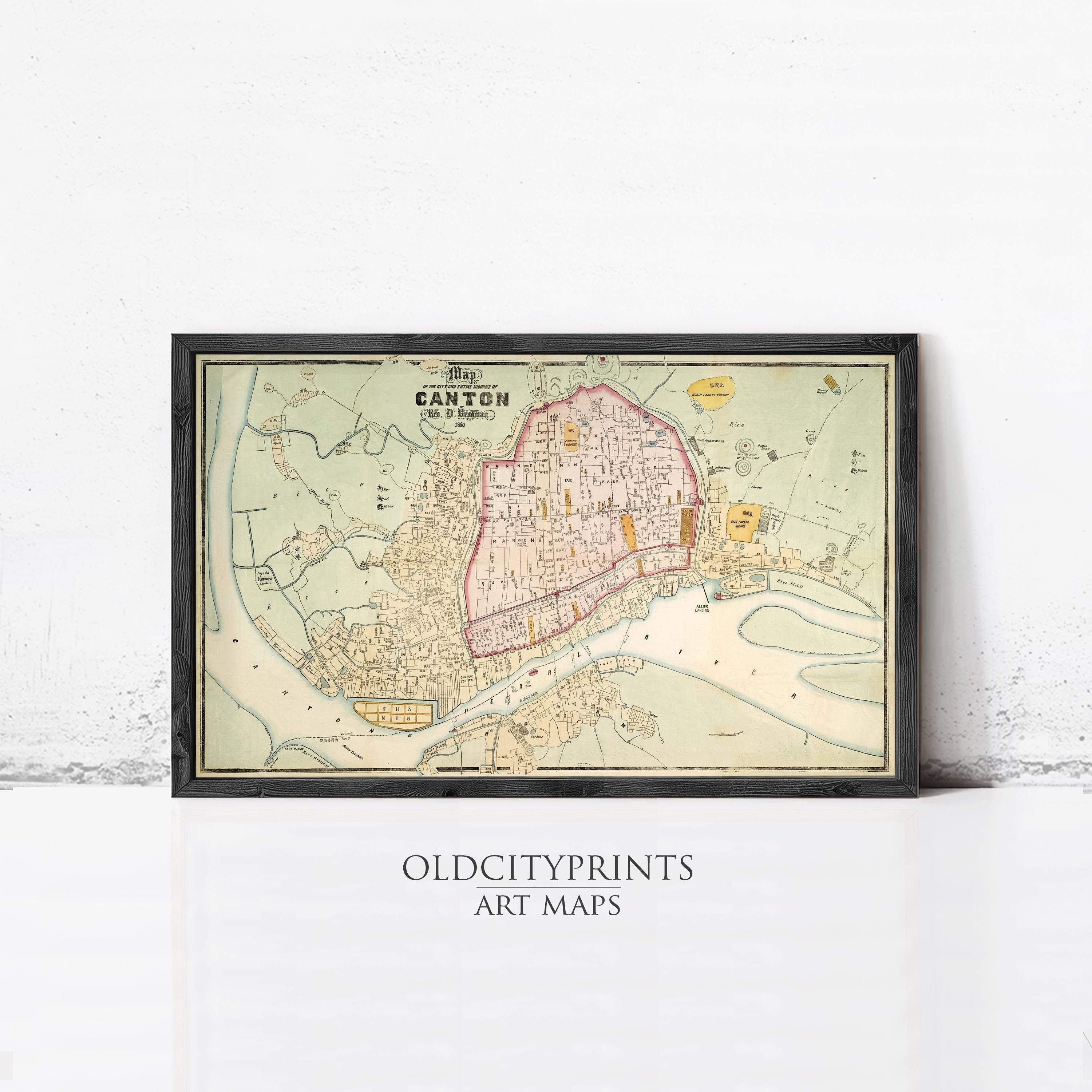 The image is a framed vintage map of Canton, featuring detailed illustrations of the city's streets, landmarks, and surrounding areas.