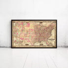 The image is a framed vintage map of the United States, depicting the country in a detailed and colorful manner.
