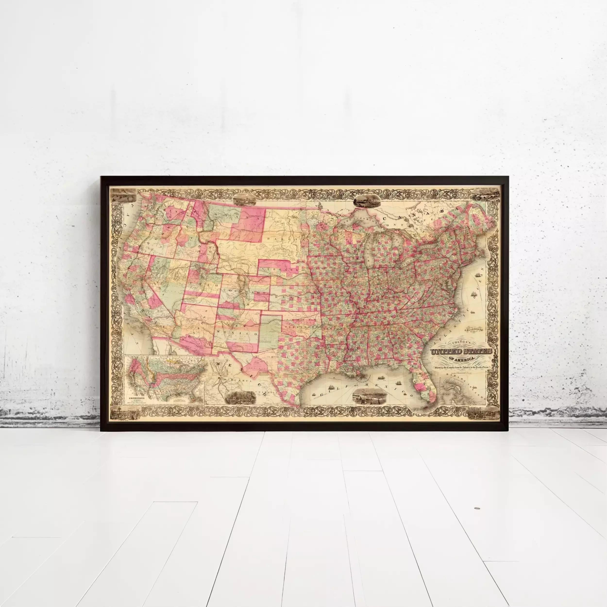 The image is a framed vintage map of the United States, depicting the country in a detailed and colorful manner.