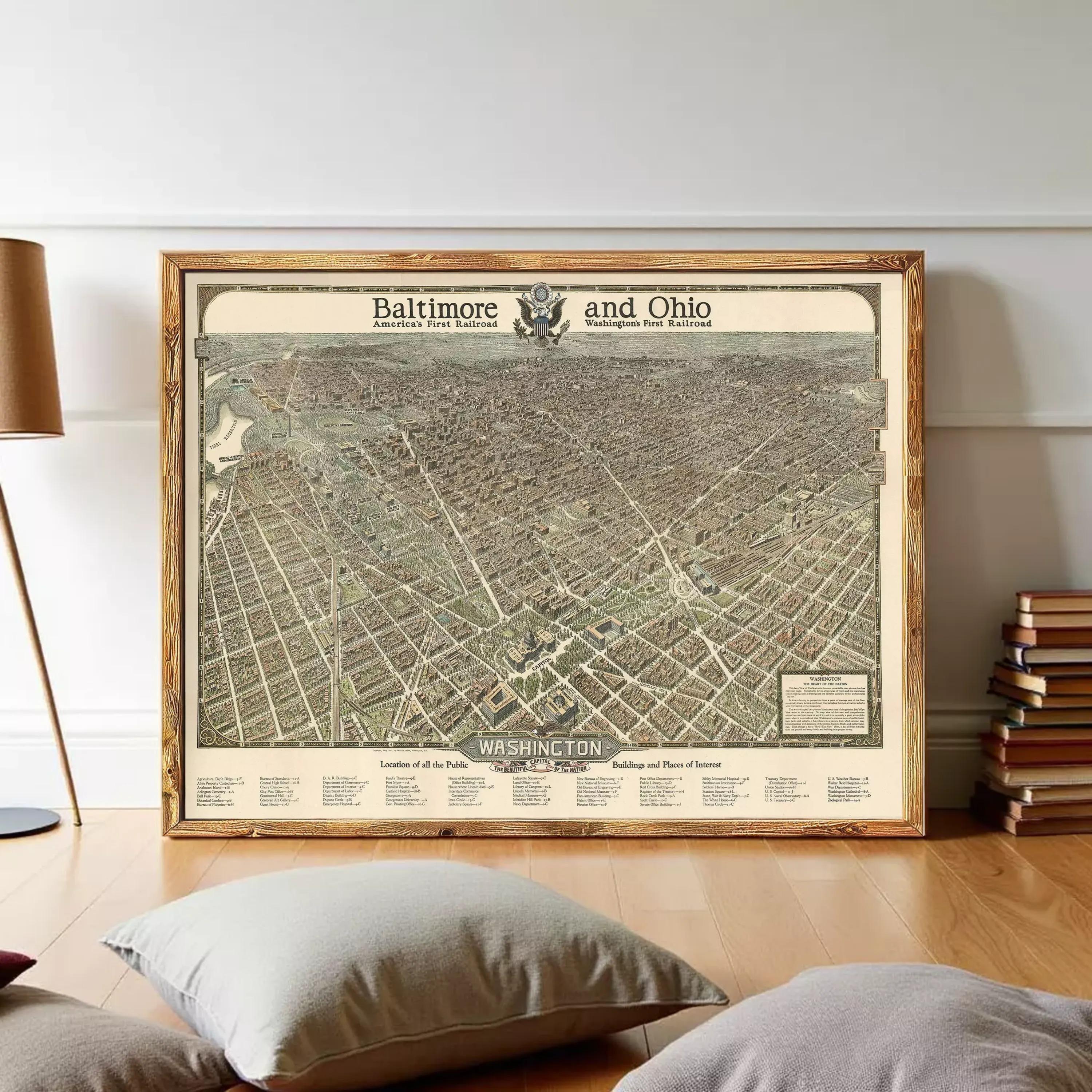 The image is a framed map of Baltimore and Ohio, depicting the city's streets and surrounding areas.