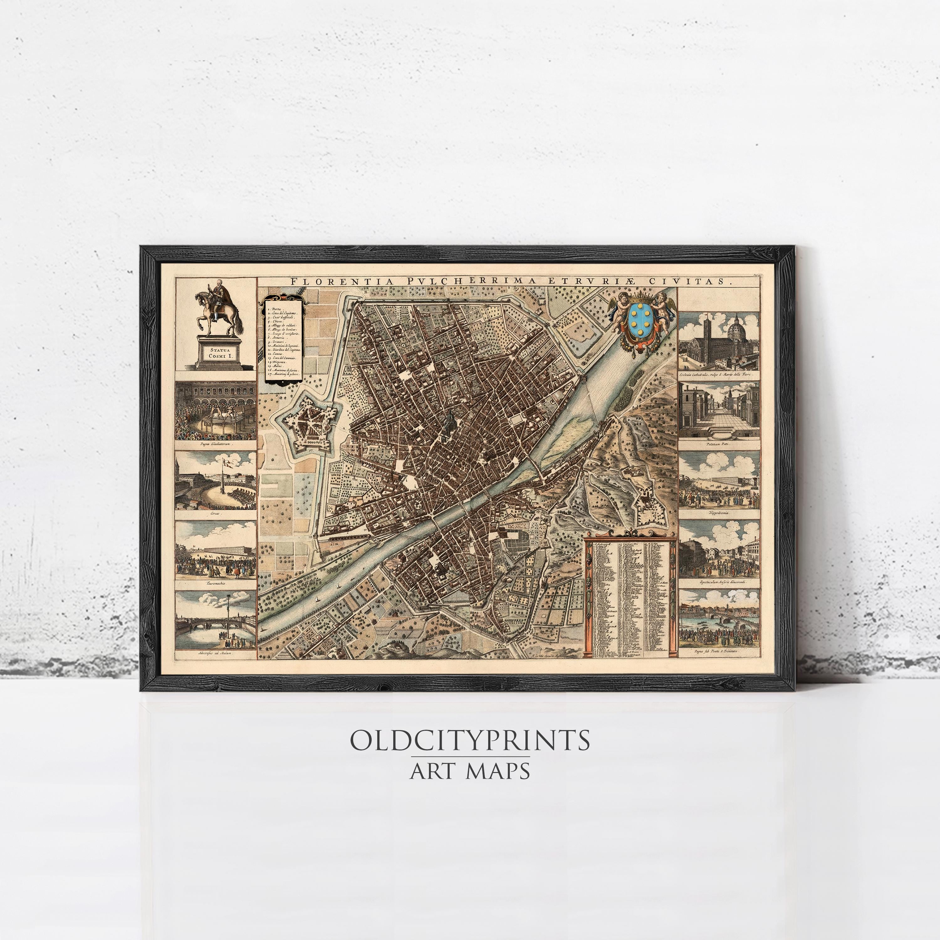 The image is a framed art print depicting a detailed map of a city, likely Florence, Italy.