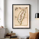 The image is a framed antique map of Taiwan, depicting the island's geographical features and boundaries.