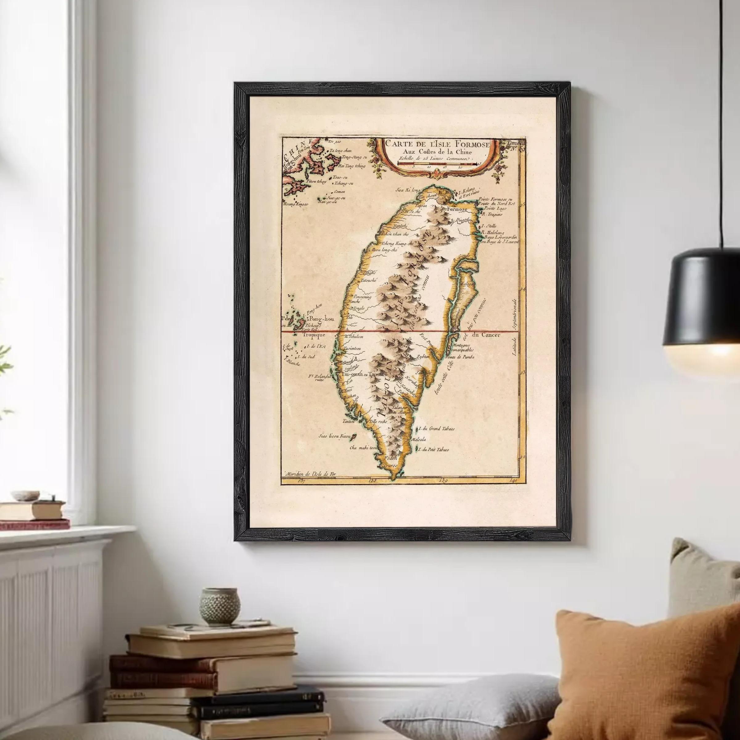 The image is a framed antique map of Taiwan, depicting the island's geographical features and boundaries.