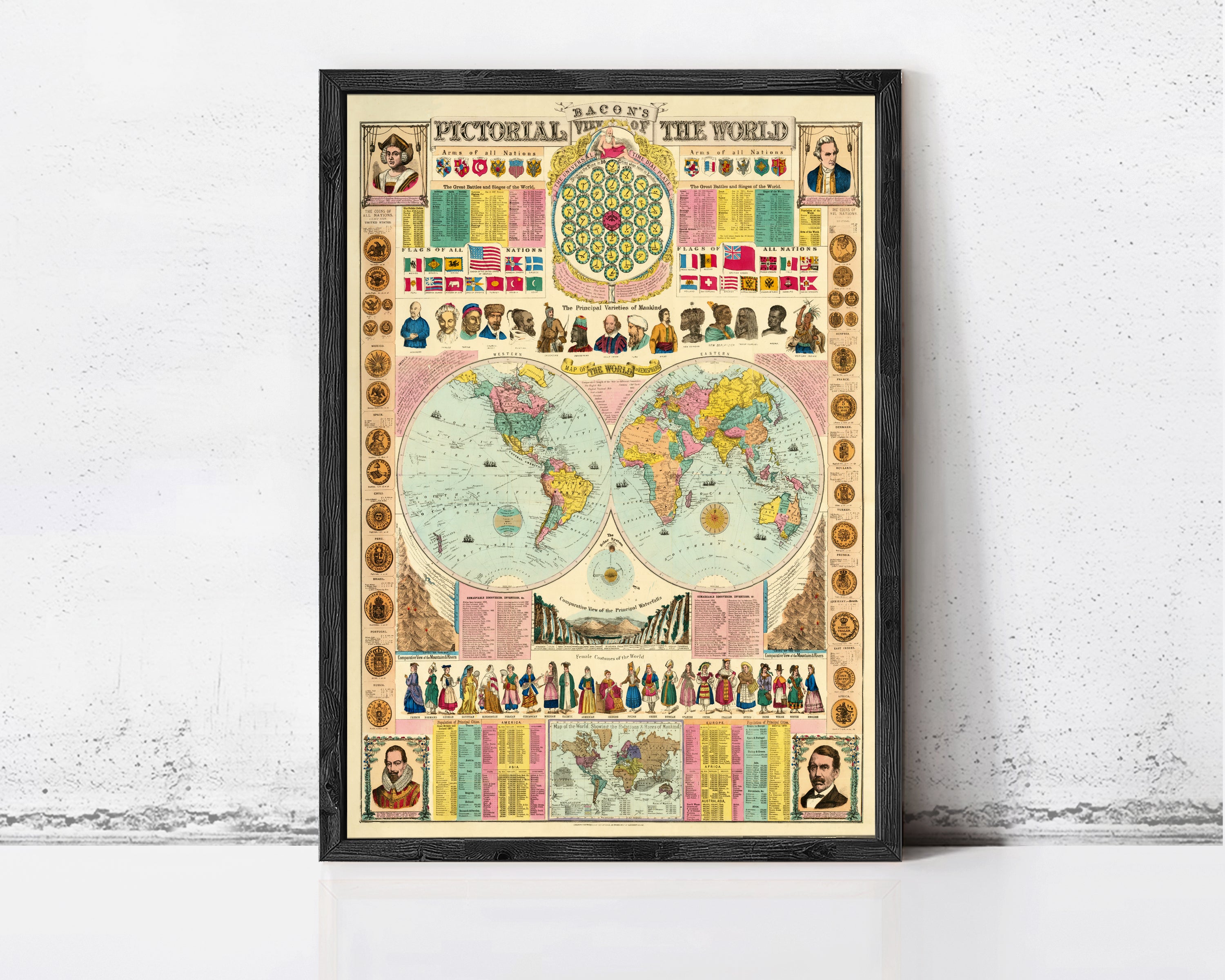 The image is a framed vintage map of the world, featuring various illustrations and text elements related to the Pictorial World.