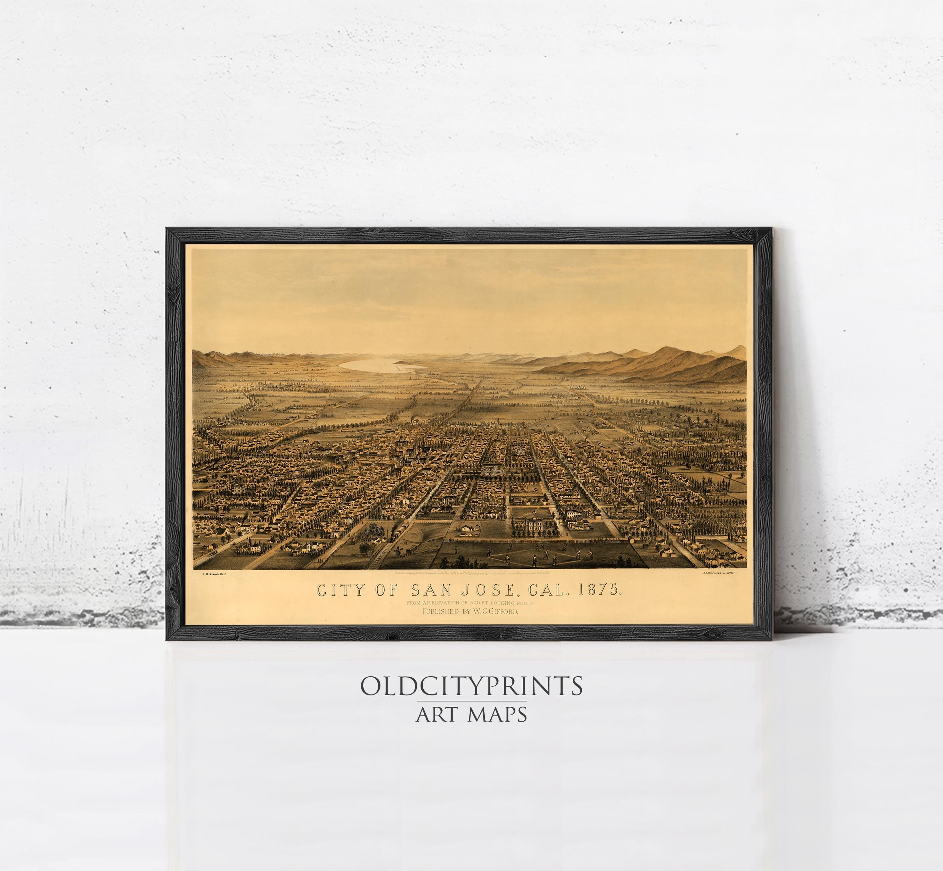 The image is a framed vintage map of San Jose, California, depicting the city's layout and surrounding landscape.