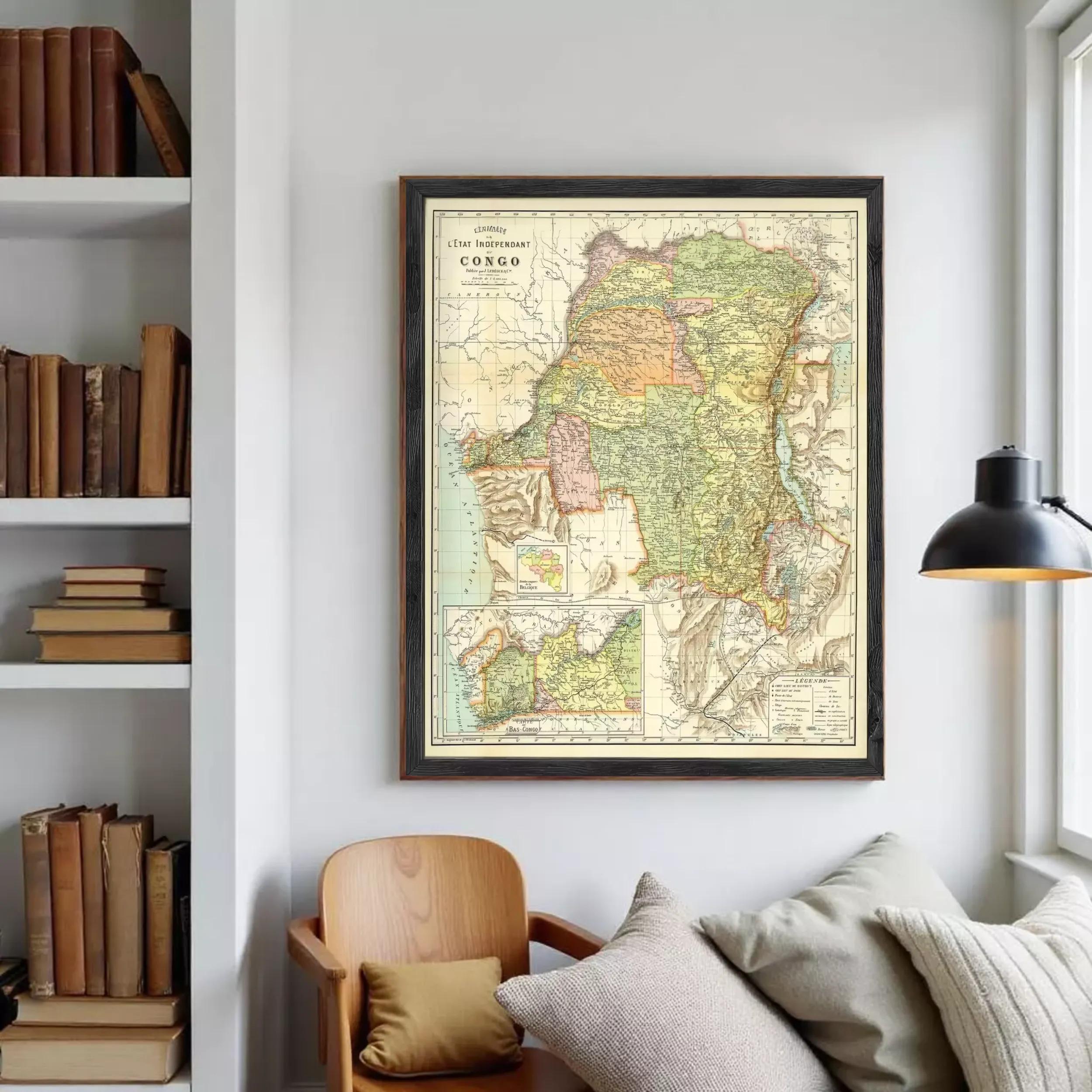 The image is a framed vintage map of the Congo, depicting the country's geographical layout and boundaries.