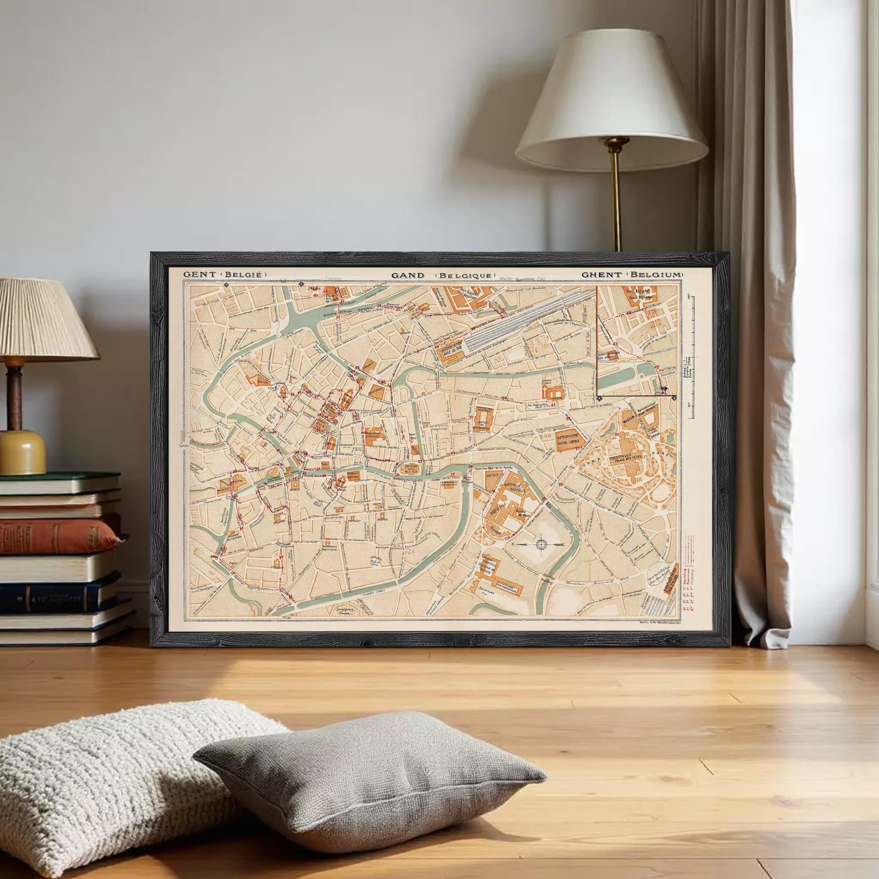 The image is a framed map of Brussels, Belgium, showing the city's streets, landmarks, and surrounding areas.