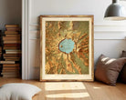 The image is a framed map of the Yellowstone National Park in the United States, depicting the park's landscape and features.