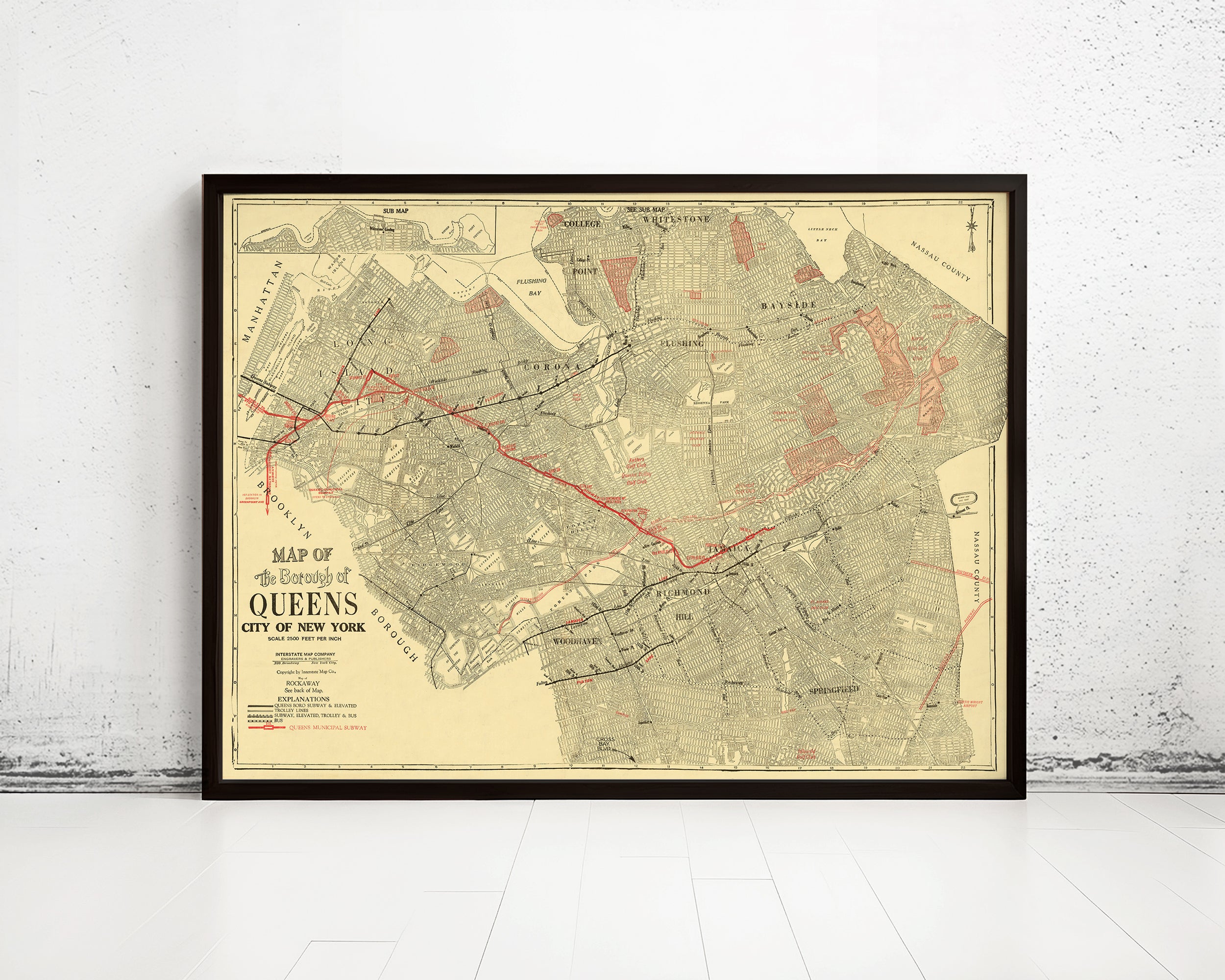 The image is a framed vintage map of the city of New York, depicting the streets and neighborhoods of the city.