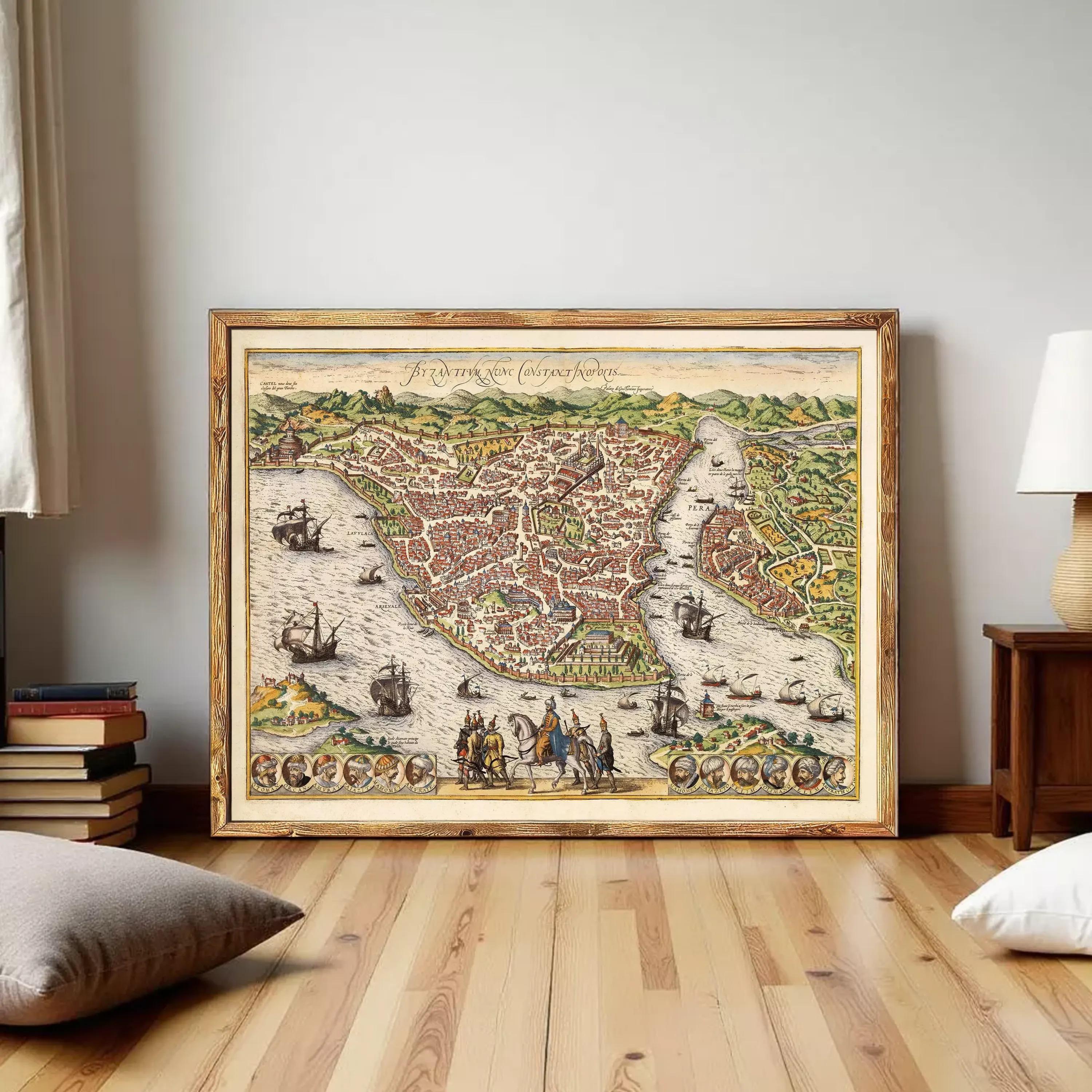 The image is a framed vintage map depicting a city with ships and people, likely from the 16th century.