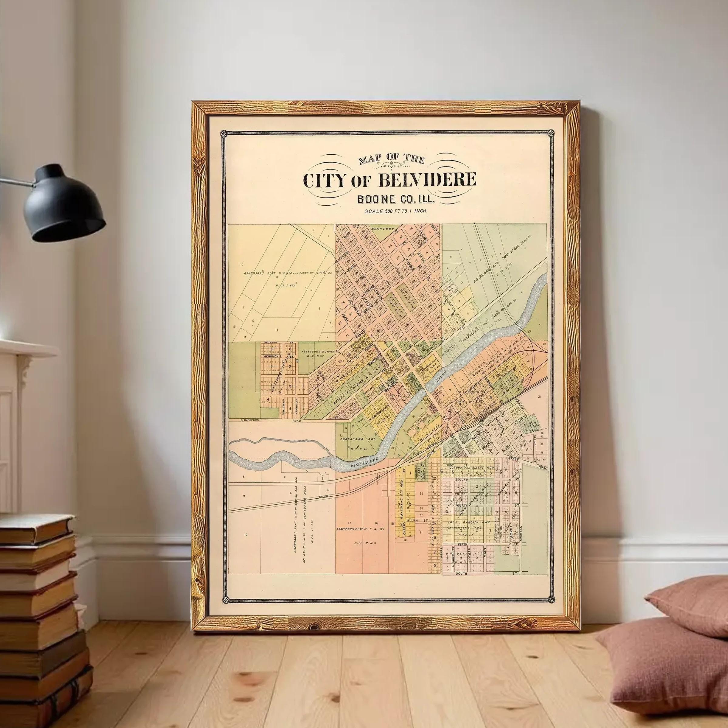 The image is a framed map of the City of Beindere, showing a detailed layout of the city's streets, neighborhoods, and other geographic features.
