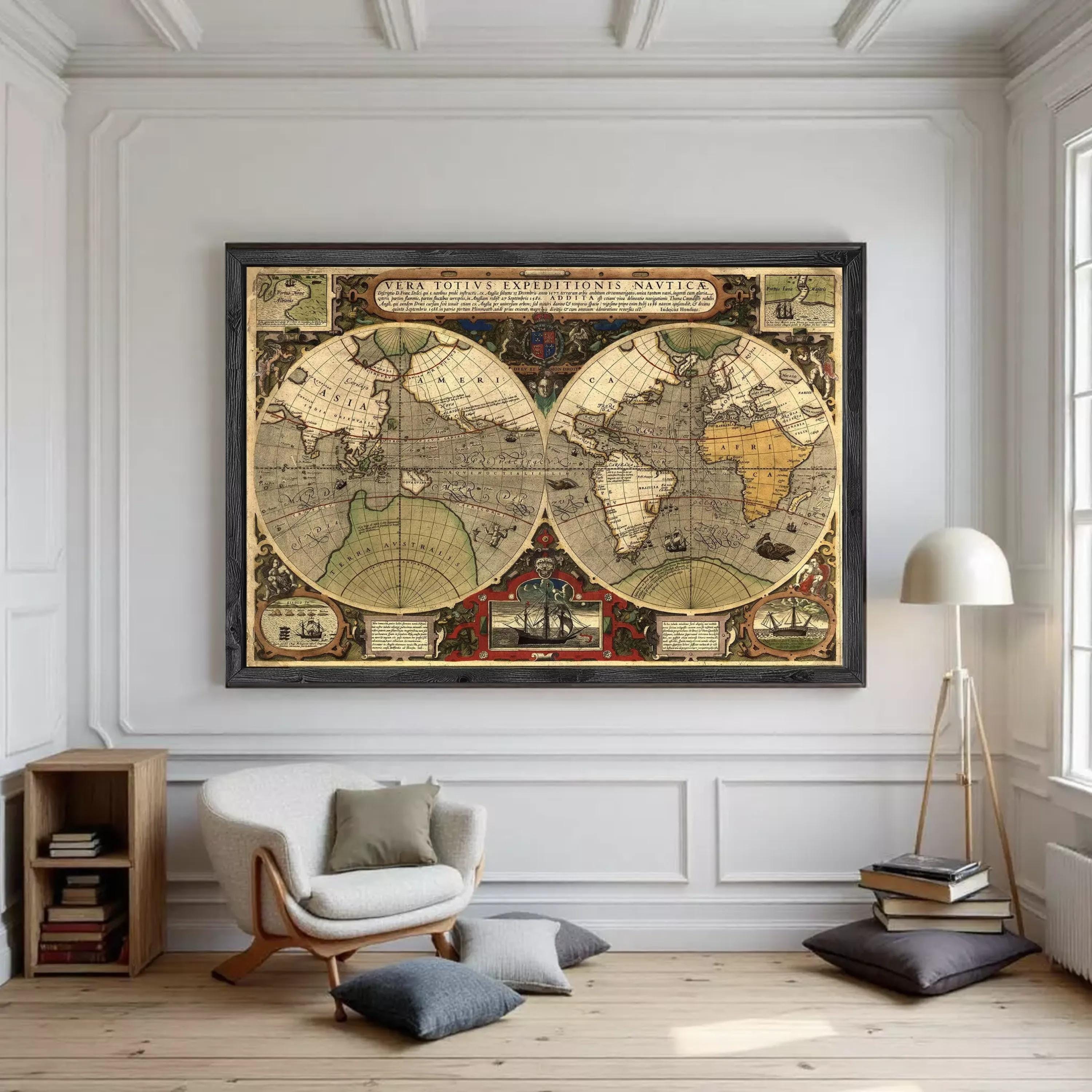 The image is a framed vintage map of the world, depicting the continents and oceans in a detailed and intricate manner.