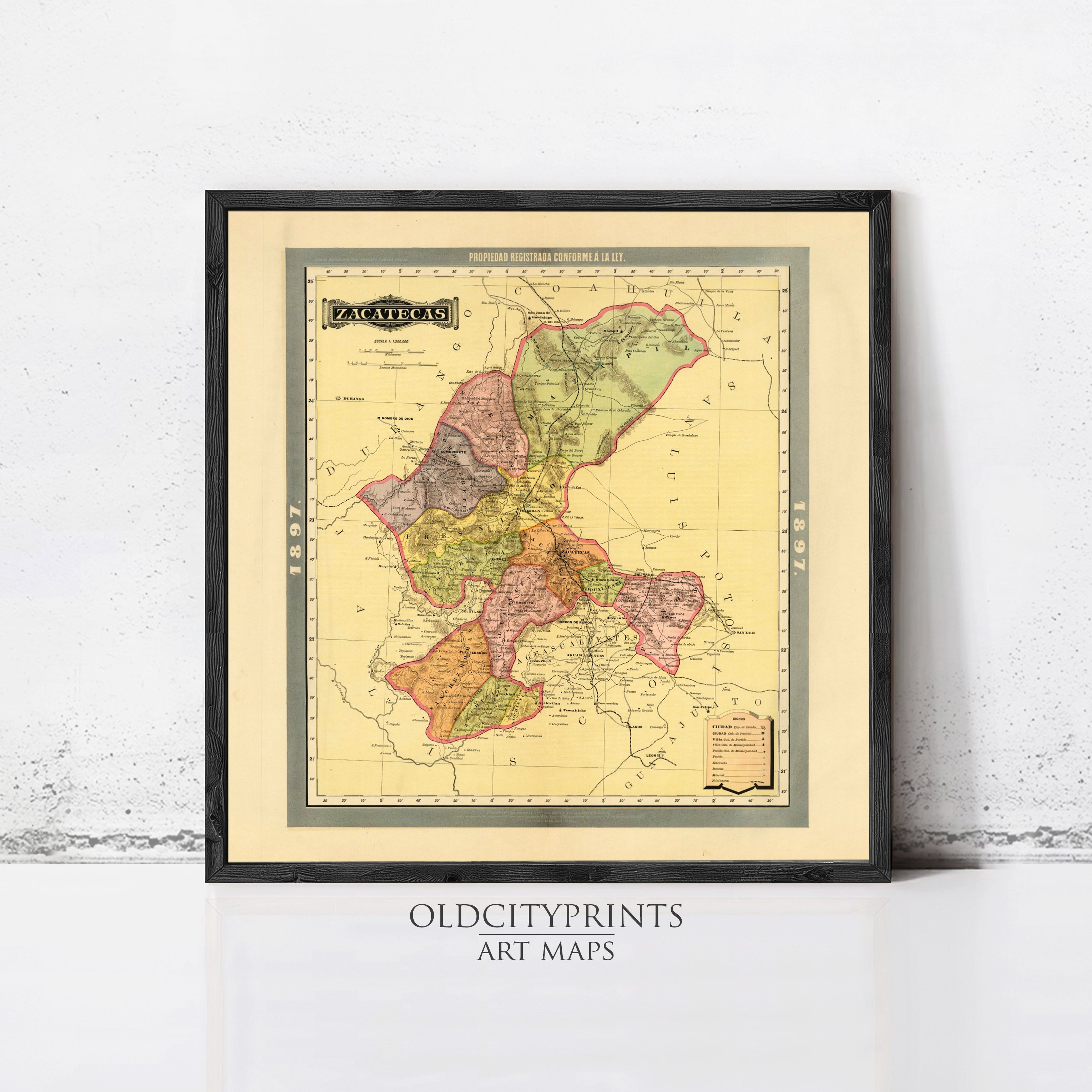 The image is a framed vintage map of the Zacatlas region, which is a region in the Colorado Plateau of the United States.