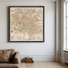 The image is a framed vintage map of Budapest, Hungary, depicting the city's streets and landmarks.
