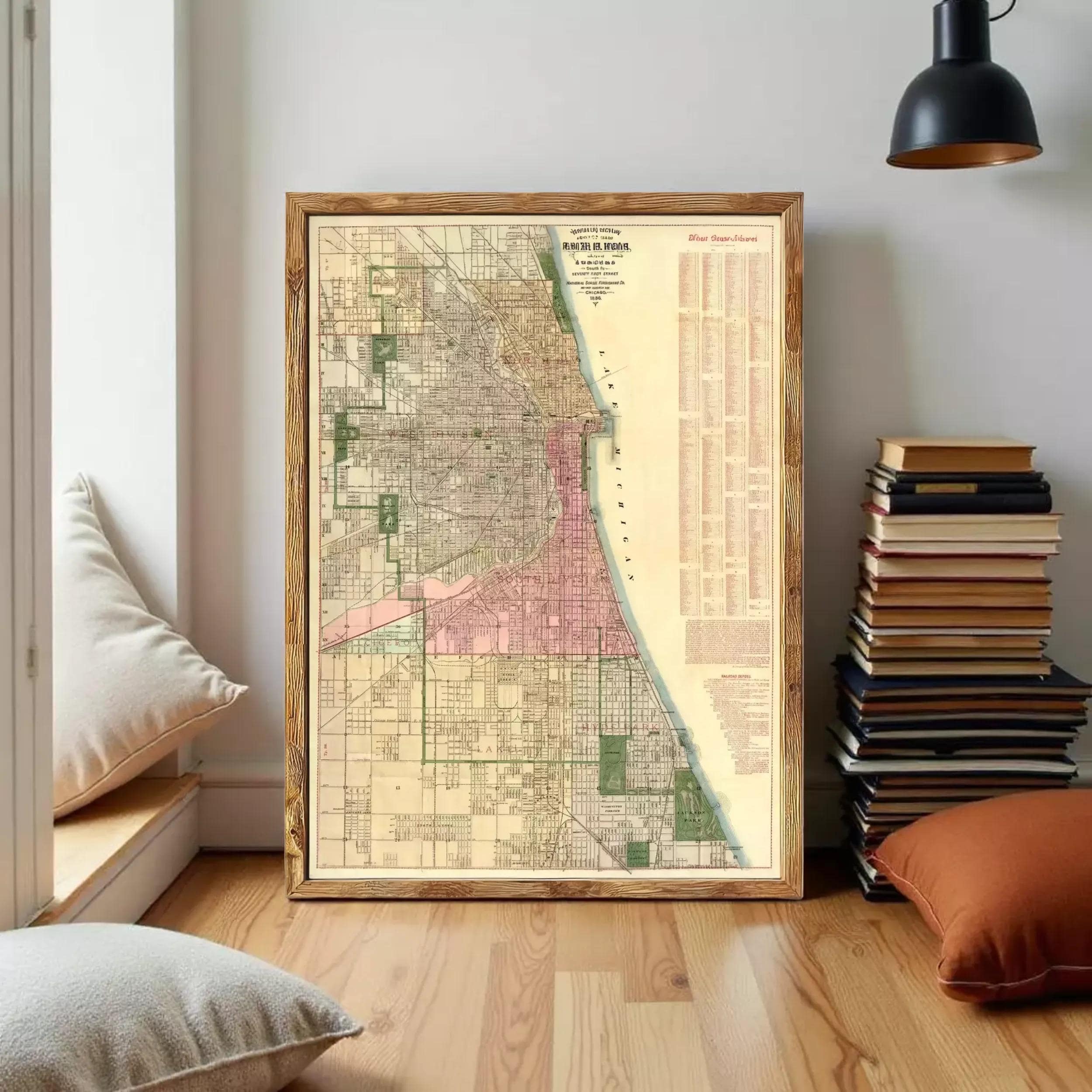 The image is a framed vintage map of Chicago, Illinois, with a detailed layout of the city's streets, neighborhoods, and landmarks.
