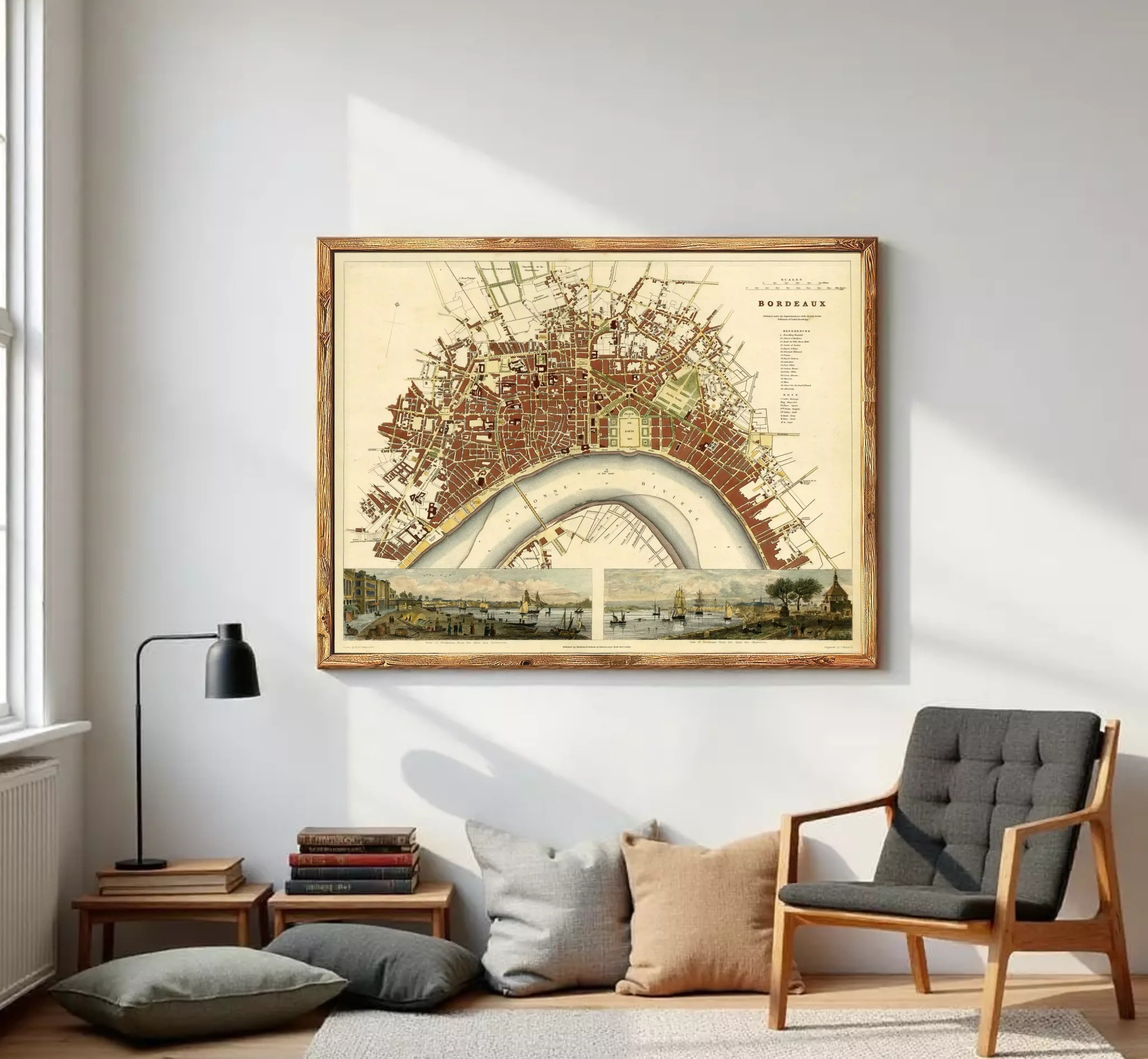 The image is a framed vintage map of the city of Bordeaux, France, depicting the city's layout and surrounding areas.