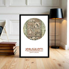 A framed illustration of a map of Jerusalem, with the text "JERUSALEM 31°47'33" 13°E" below the image.