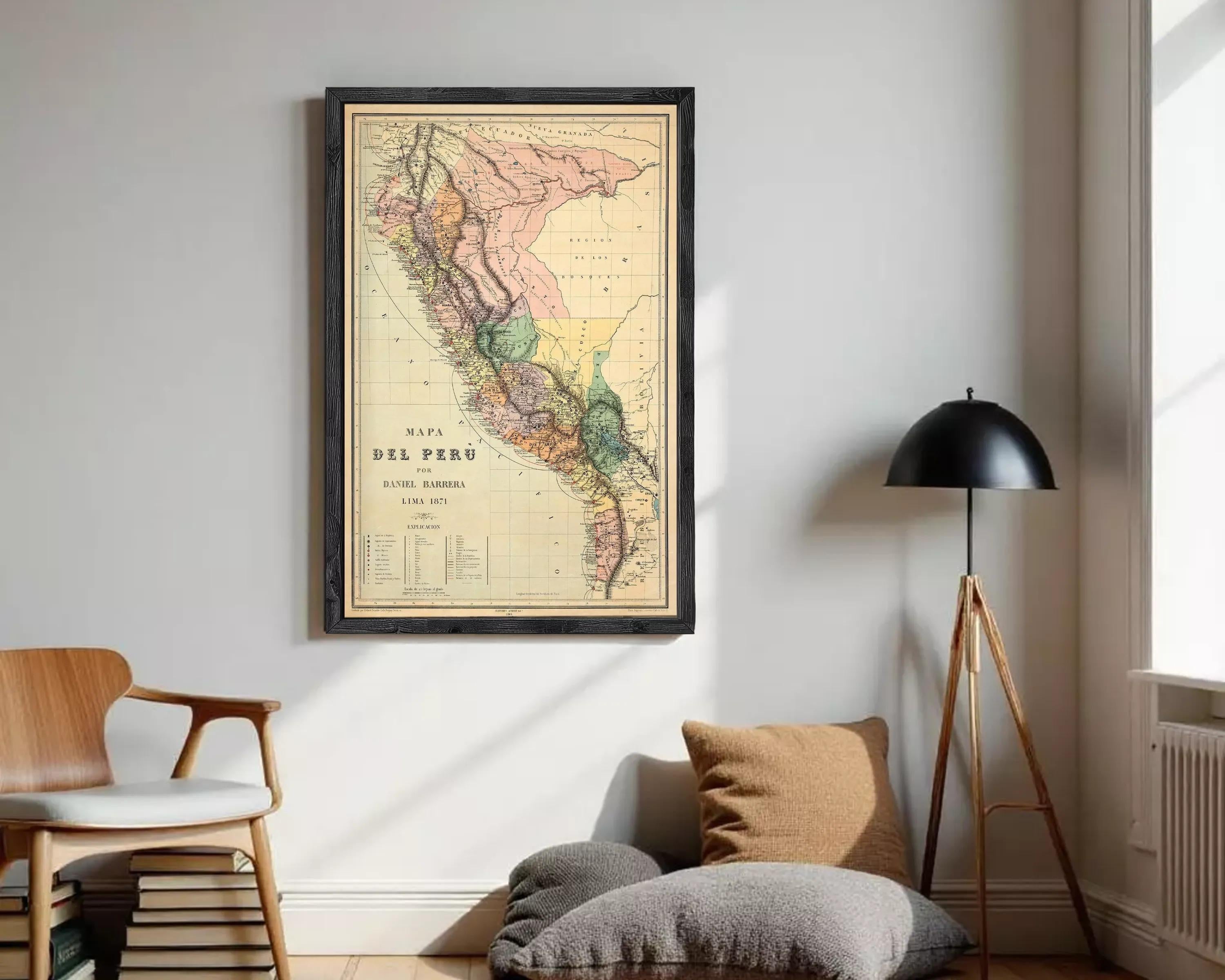 The image is a framed vintage map of South America, specifically the Andes Mountains region, with a focus on Peru.