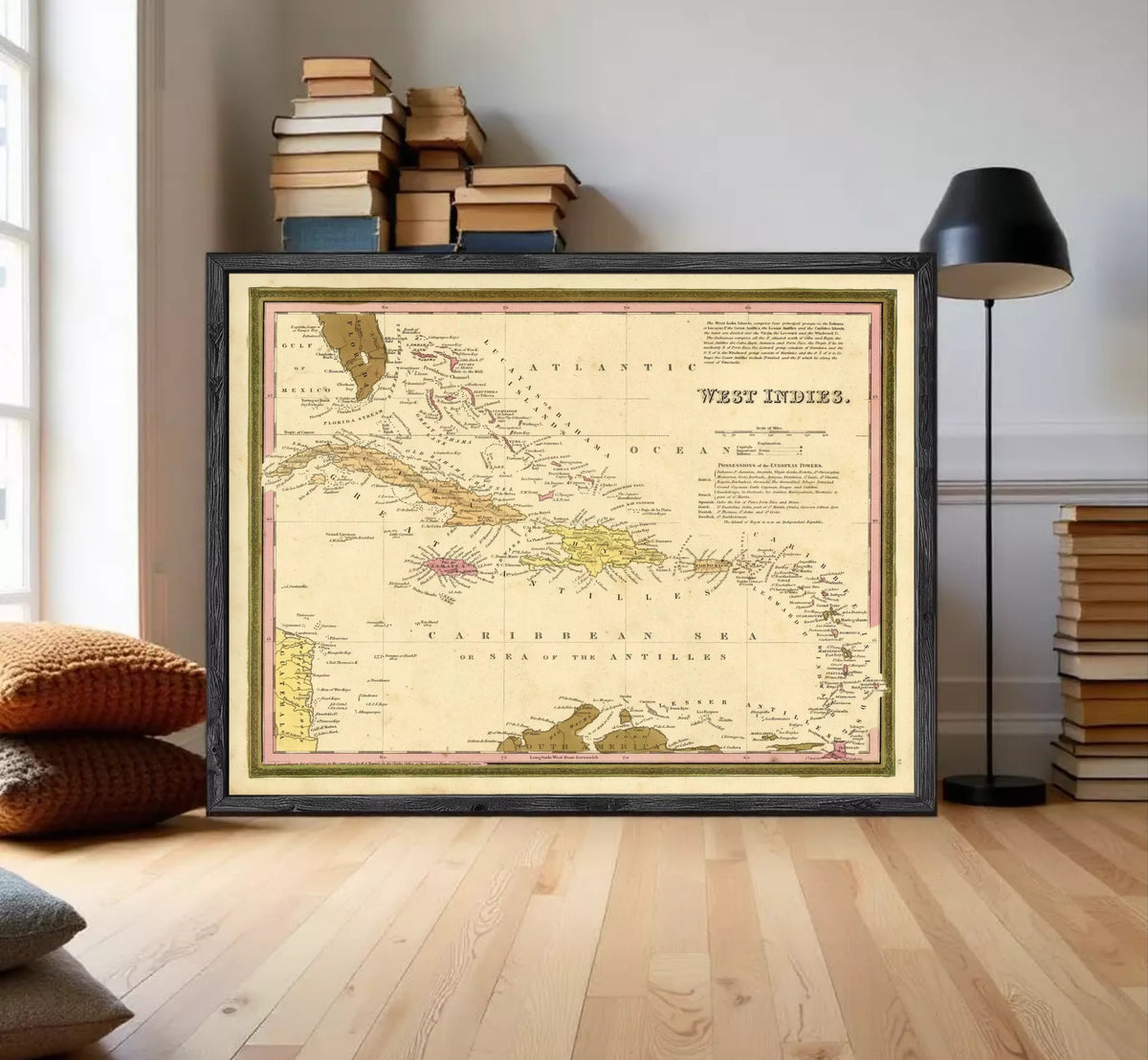 The image is a framed vintage map of West Indies, showing the Caribbean Sea and surrounding areas.