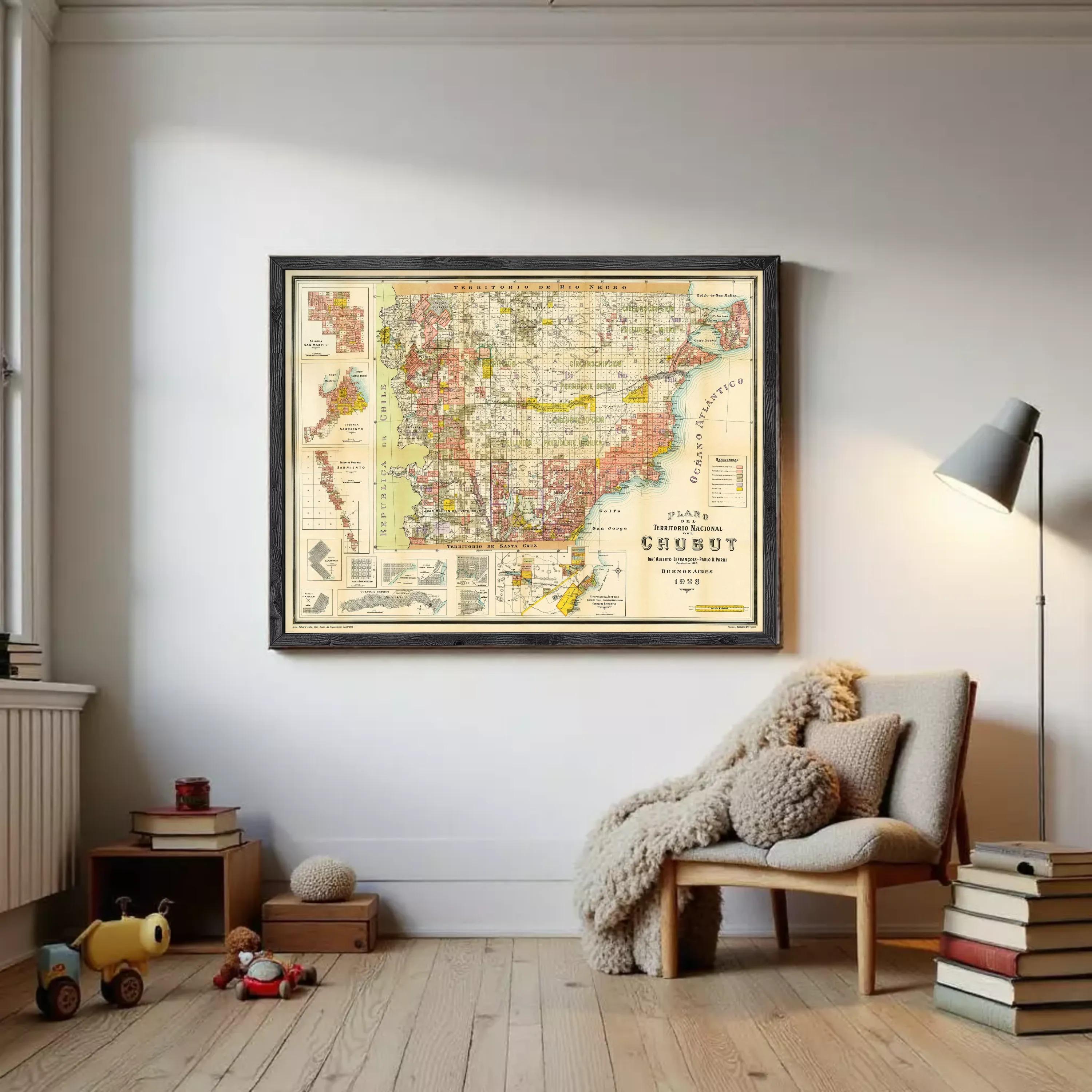 The image is a framed vintage map of Chubut, depicting the territory of the Chubut region in Canada.