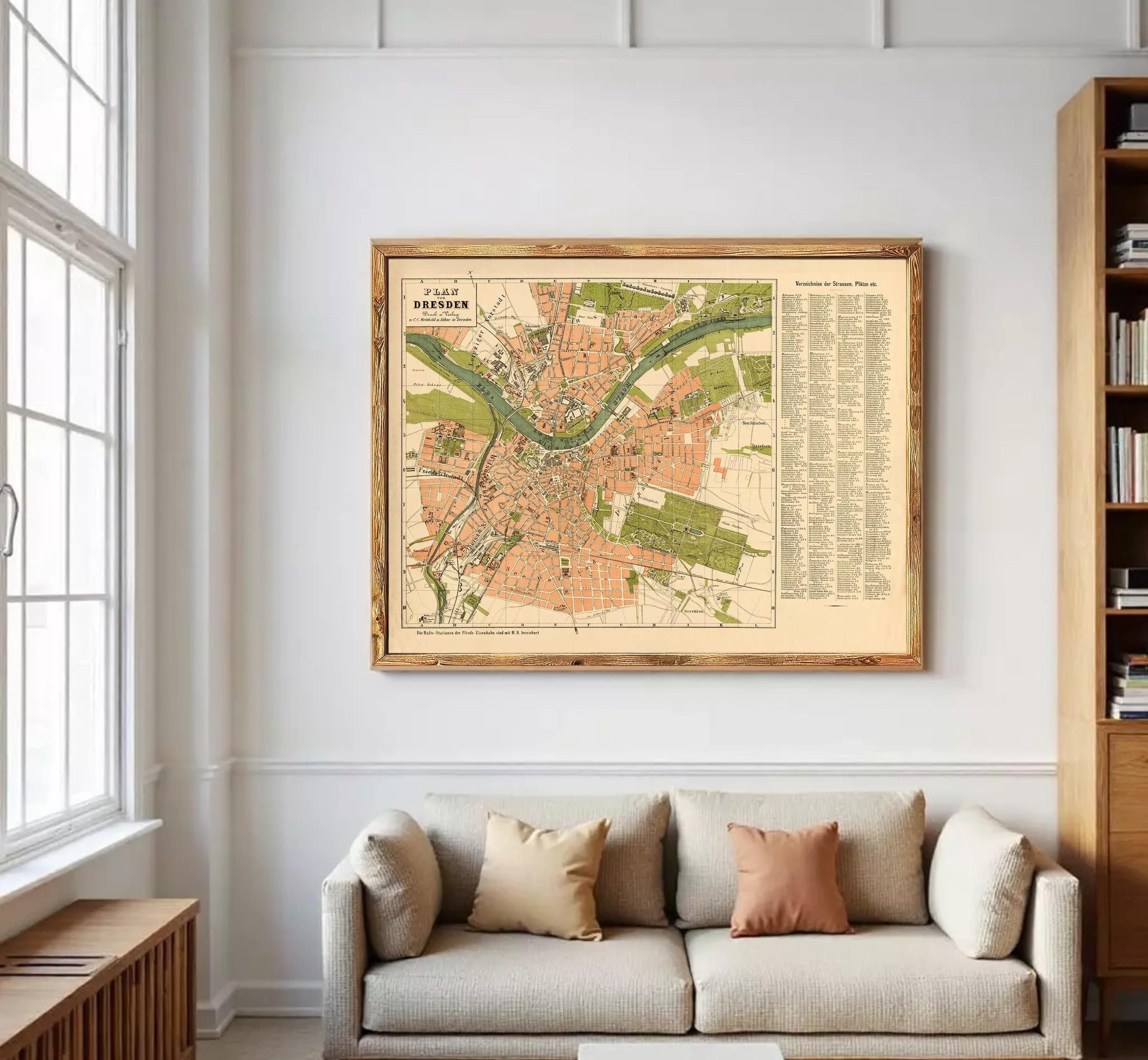 The image is a framed map of Dresden, Germany, depicting the city's layout and surrounding areas.
