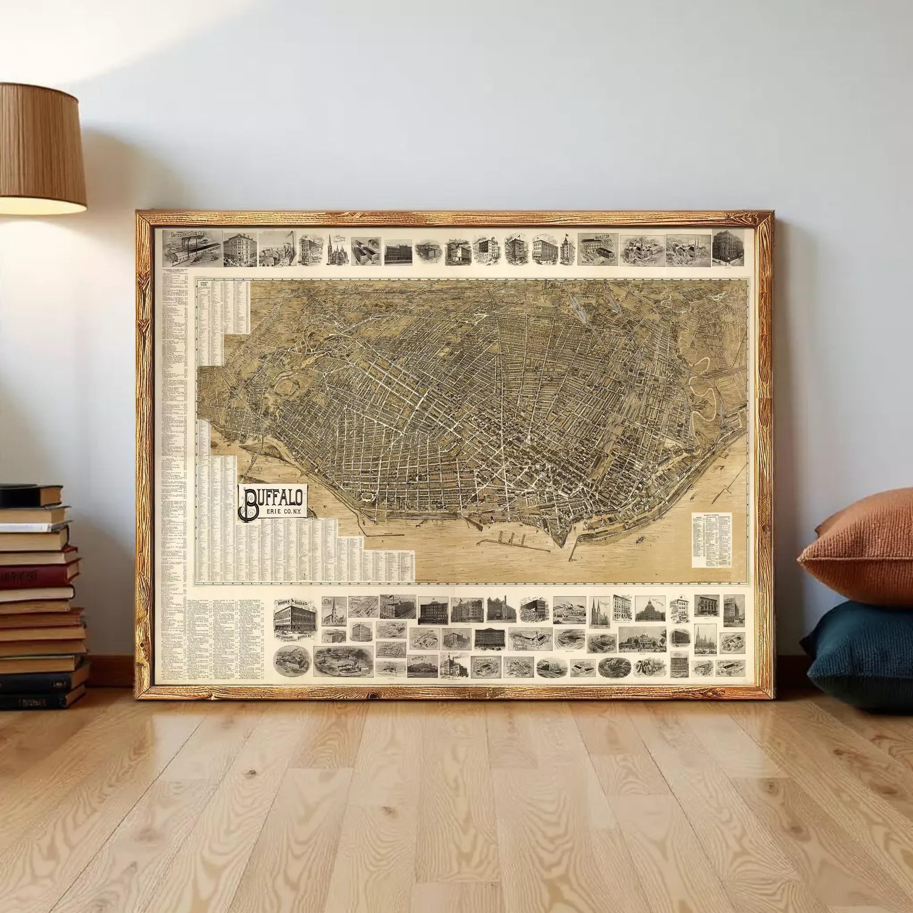 The image is a framed vintage map of Buffalo, New York, with various landmarks and streets depicted in black and white.