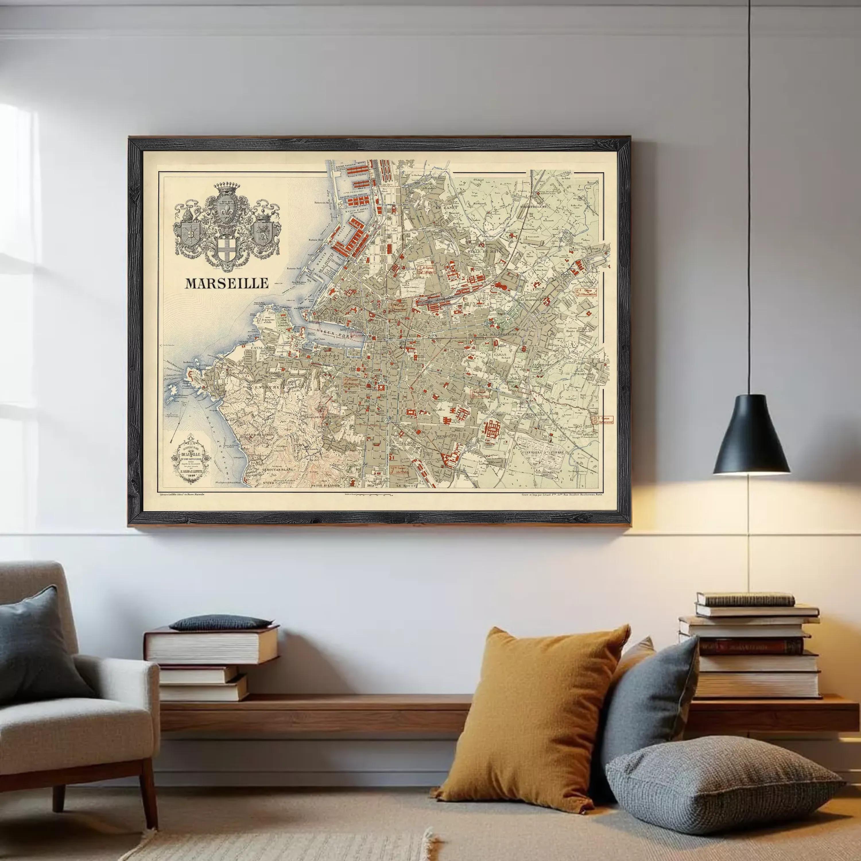 The image is a framed vintage map of the city of Marseille, France.