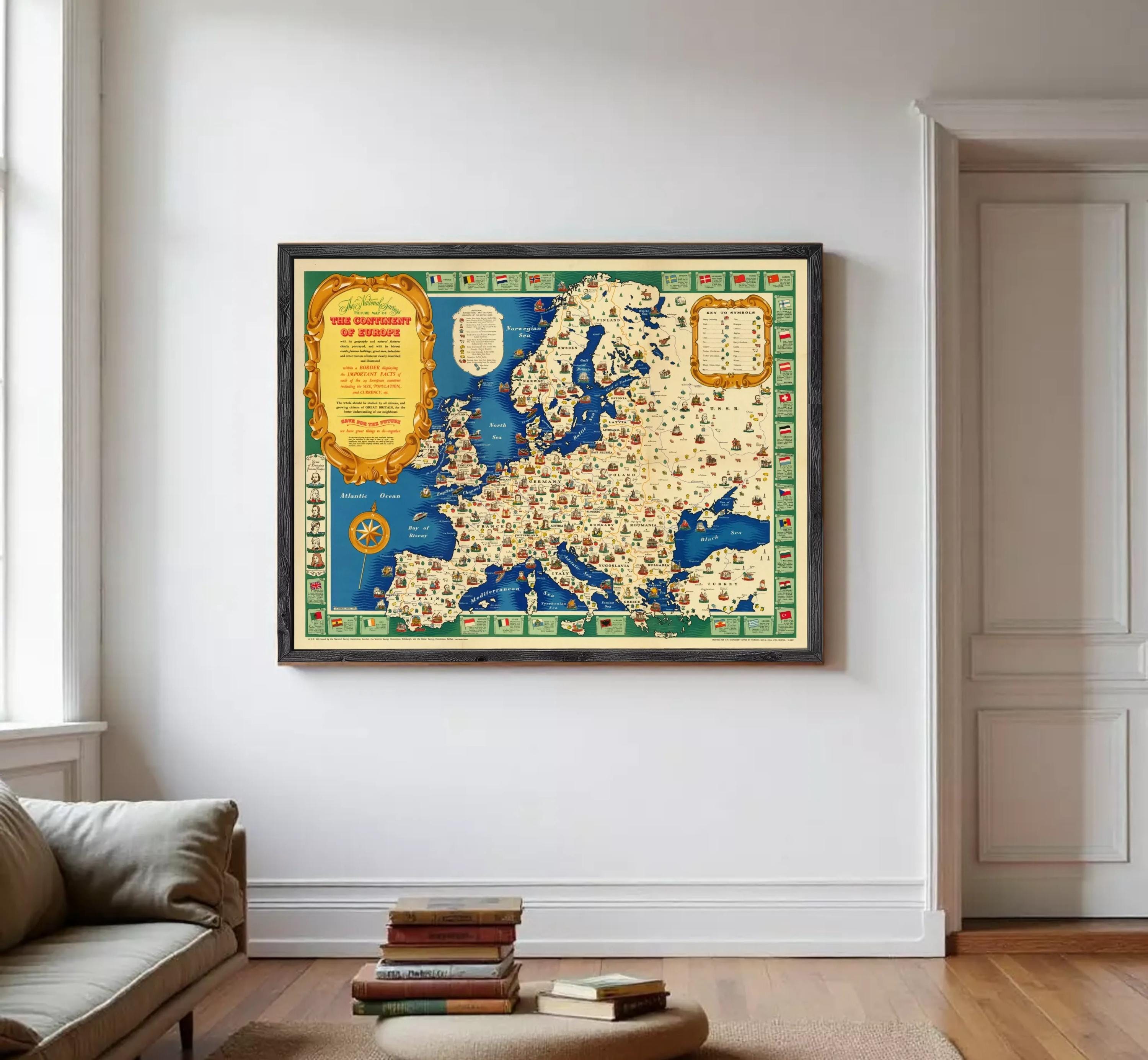 The image is a framed map of Europe, featuring various landmarks and countries across the continent.