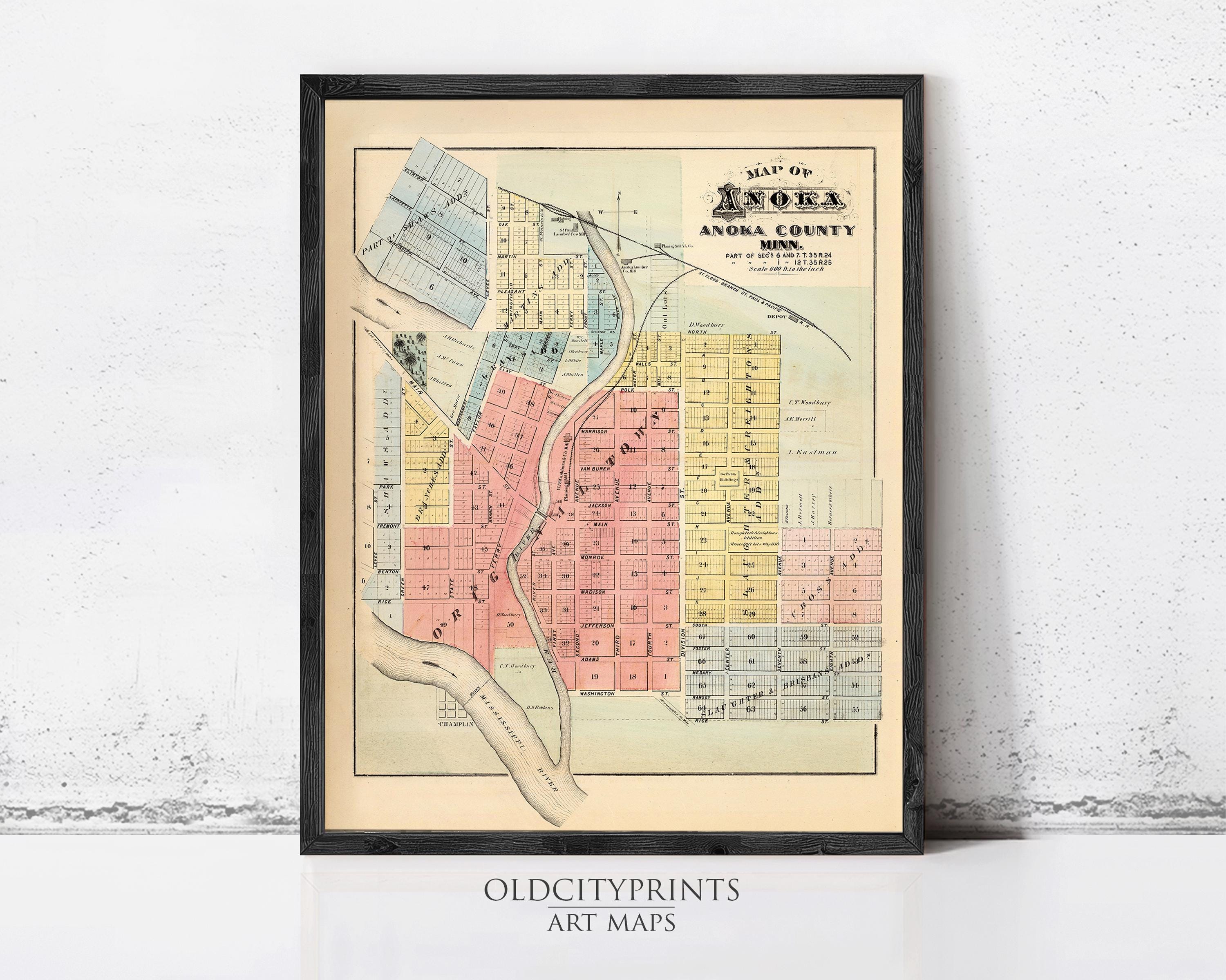 The image is a framed vintage map of Anoka County, Minnesota, depicting the layout of the area with various colored squares representing different zones or districts.