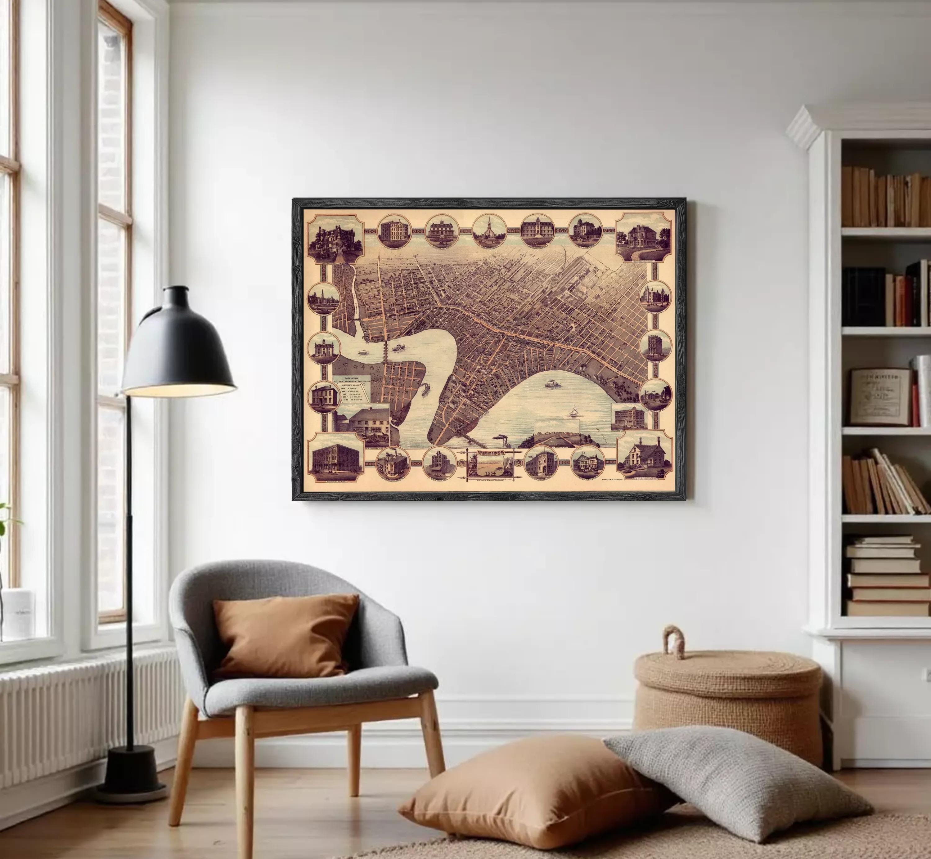 The image is a framed vintage map of a city, featuring various landmarks and buildings depicted in a collage-like arrangement.