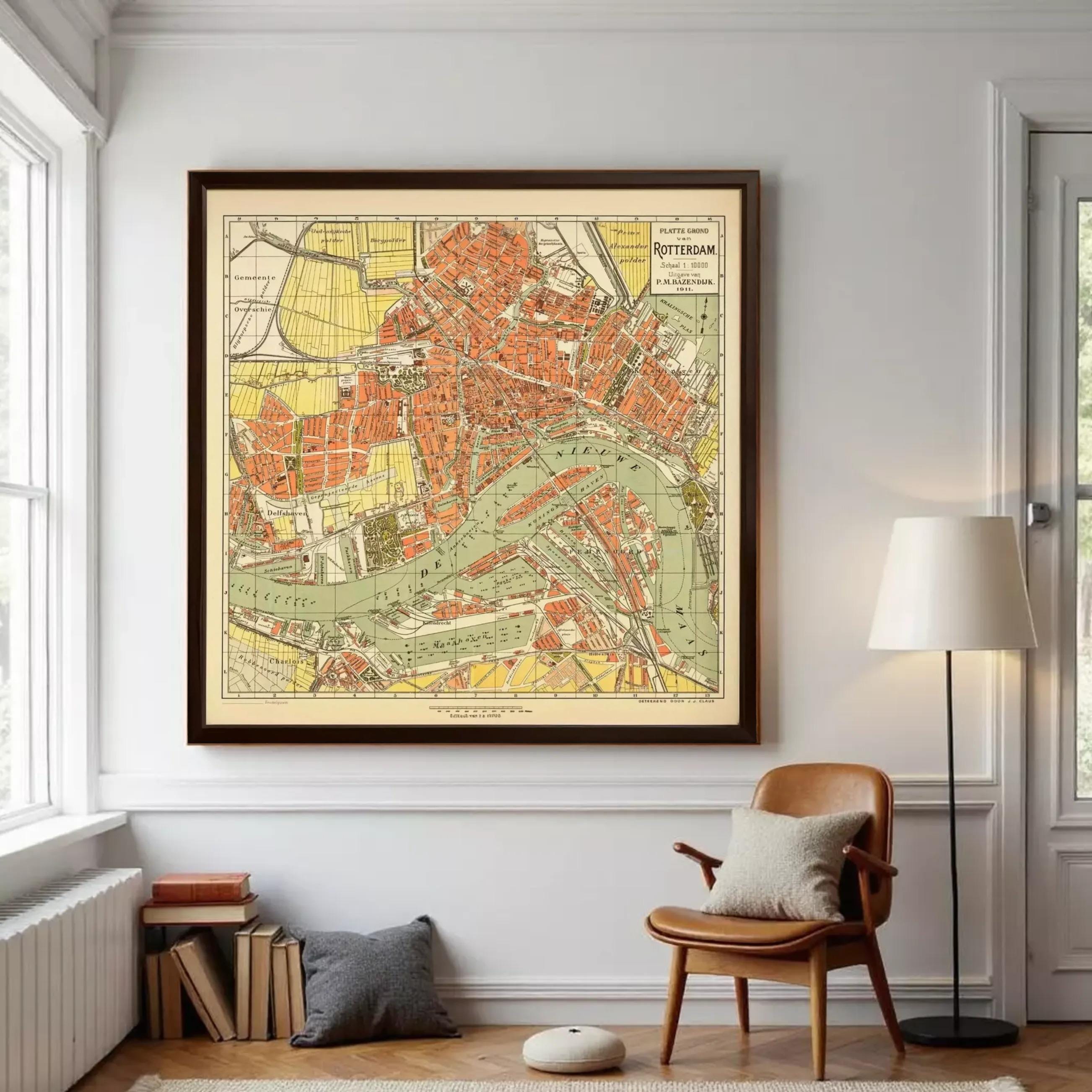 The image is a framed vintage map of Rotterdam, Netherlands, depicting the city's layout and surrounding areas.