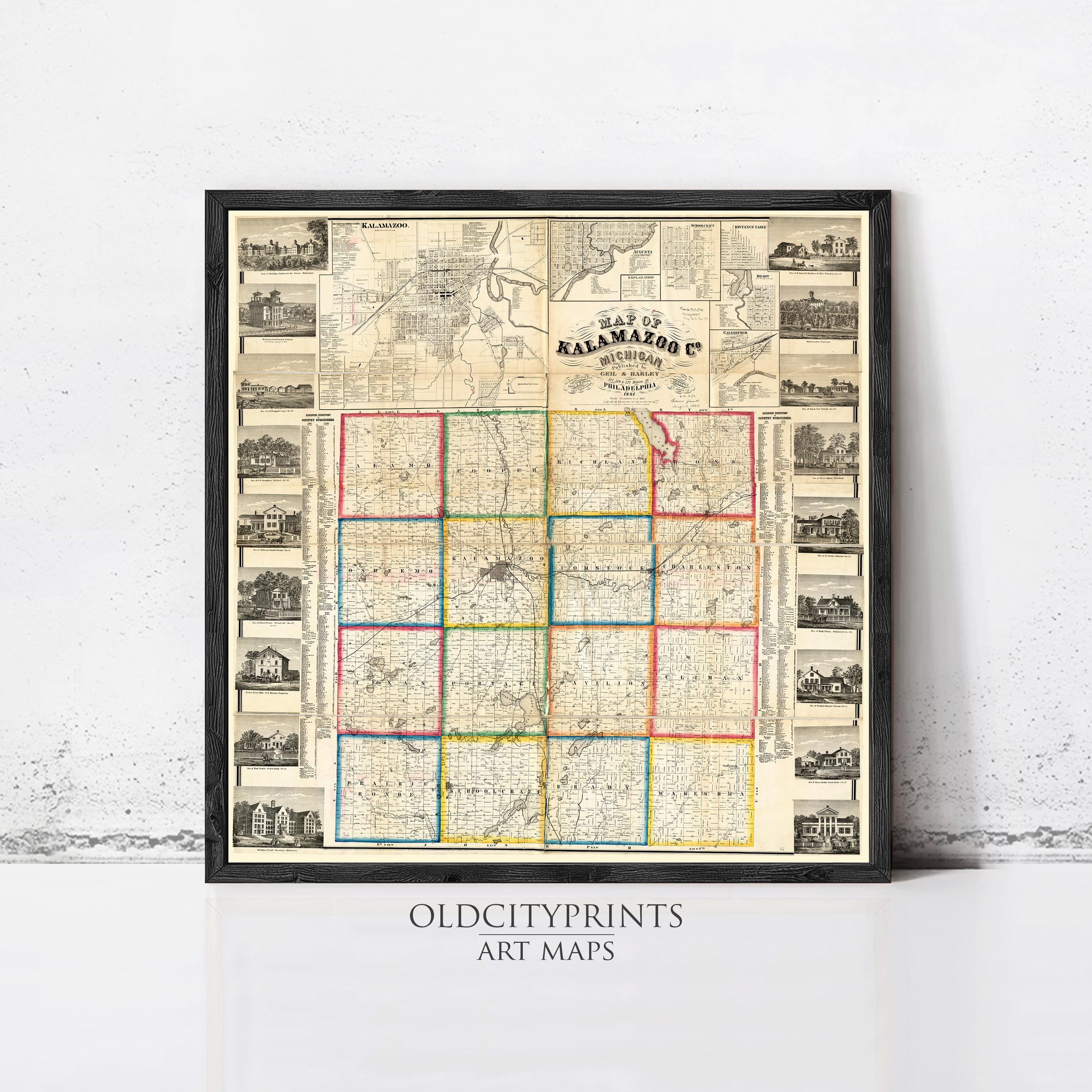 The image is a framed vintage map of the state of Texas, specifically the state of KALAMAZOO, with a black border and colorful grid lines.