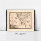 The image is a framed antique map of Europe, likely from the 17th century, with intricate details and a vintage appearance.