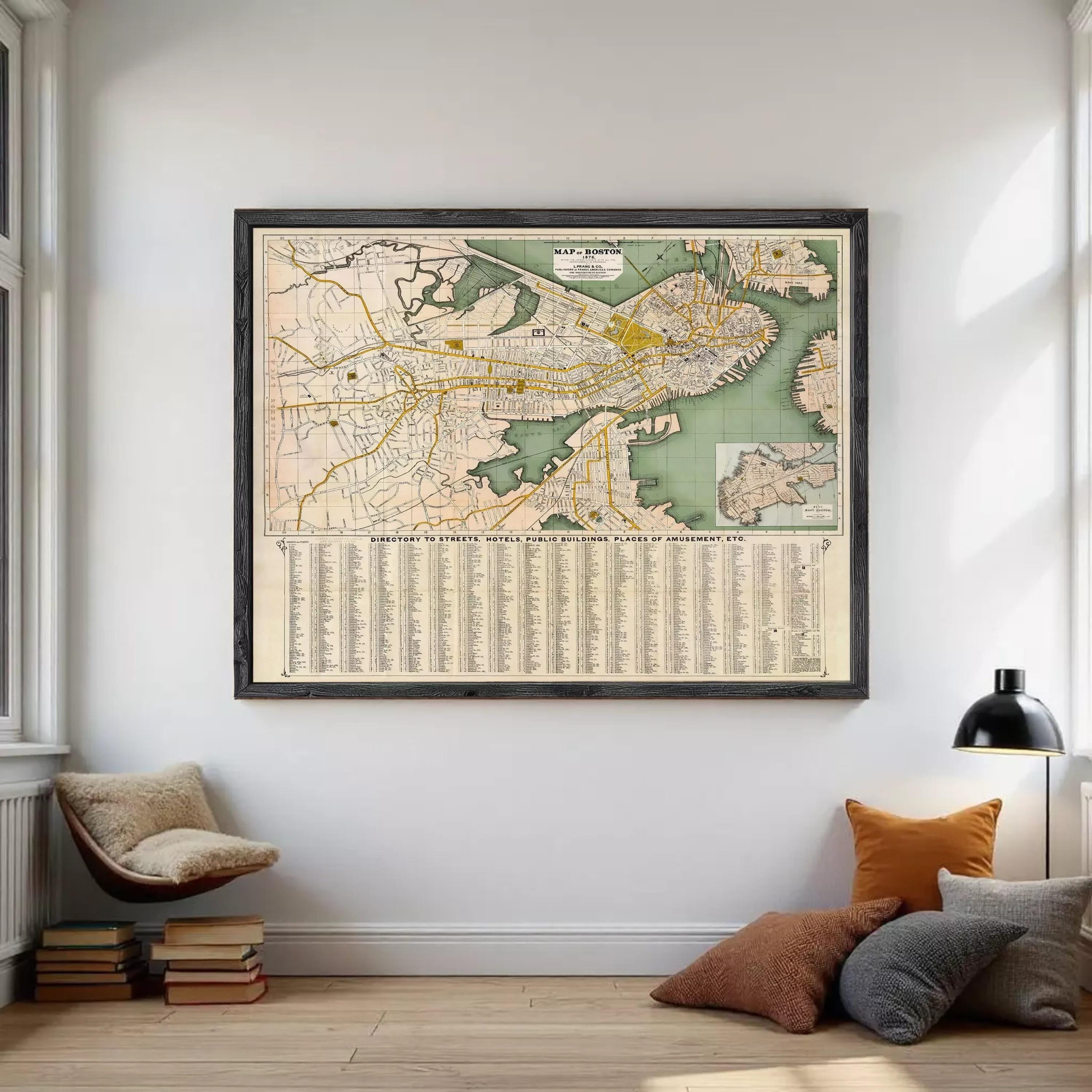 The image is a framed vintage map of Boston, Massachusetts, showing streets, landmarks, and a legend.