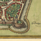 The image is a detailed illustration of a cityscape, featuring a castle or fortification surrounded by a moat. The city is filled with buildings and roads, creating a bustling and intricate urban environment.