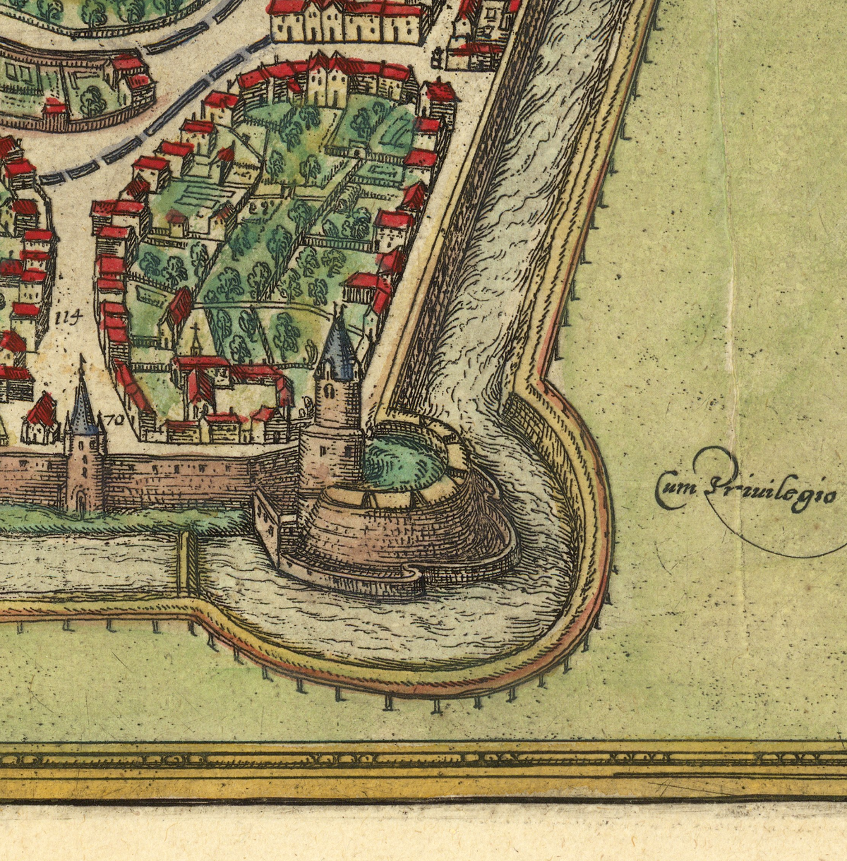 The image is a detailed illustration of a cityscape, featuring a castle or fortification surrounded by a moat. The city is filled with buildings and roads, creating a bustling and intricate urban environment.