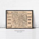 The image is a framed art print depicting a detailed map of a city, with various buildings and landmarks labeled.