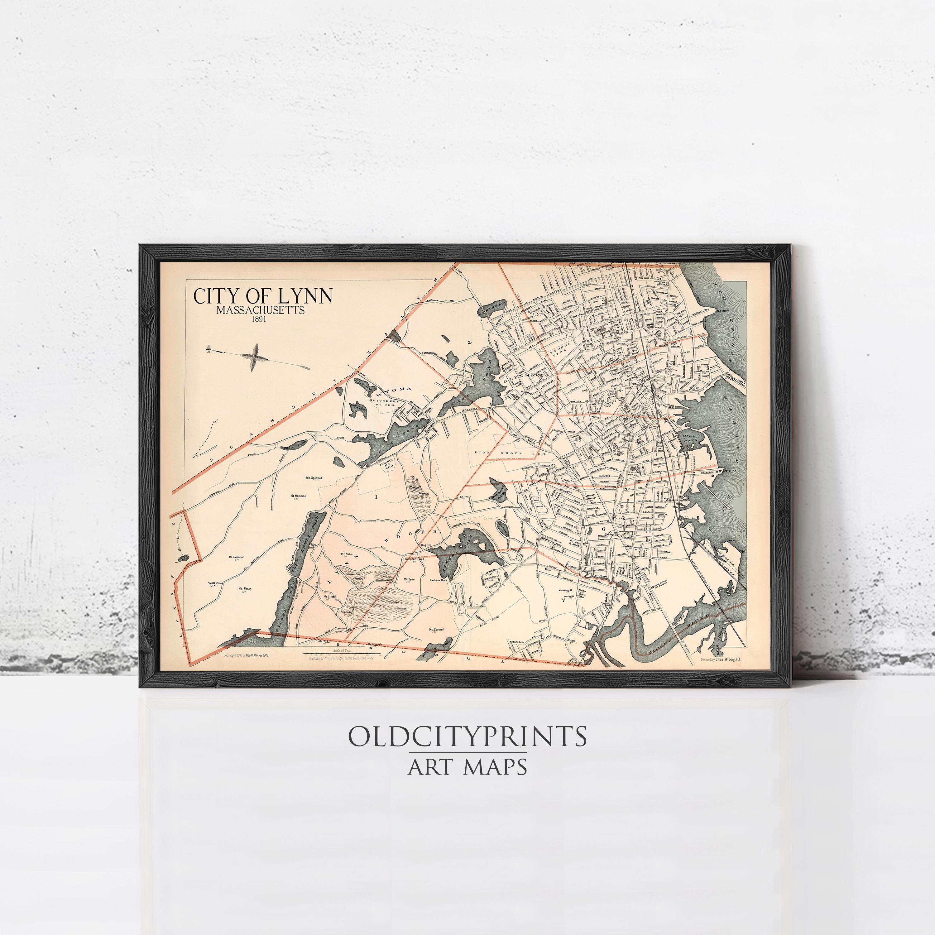 The image is a framed vintage map of the city of Lynn, Massachusetts, dated back to 1883.