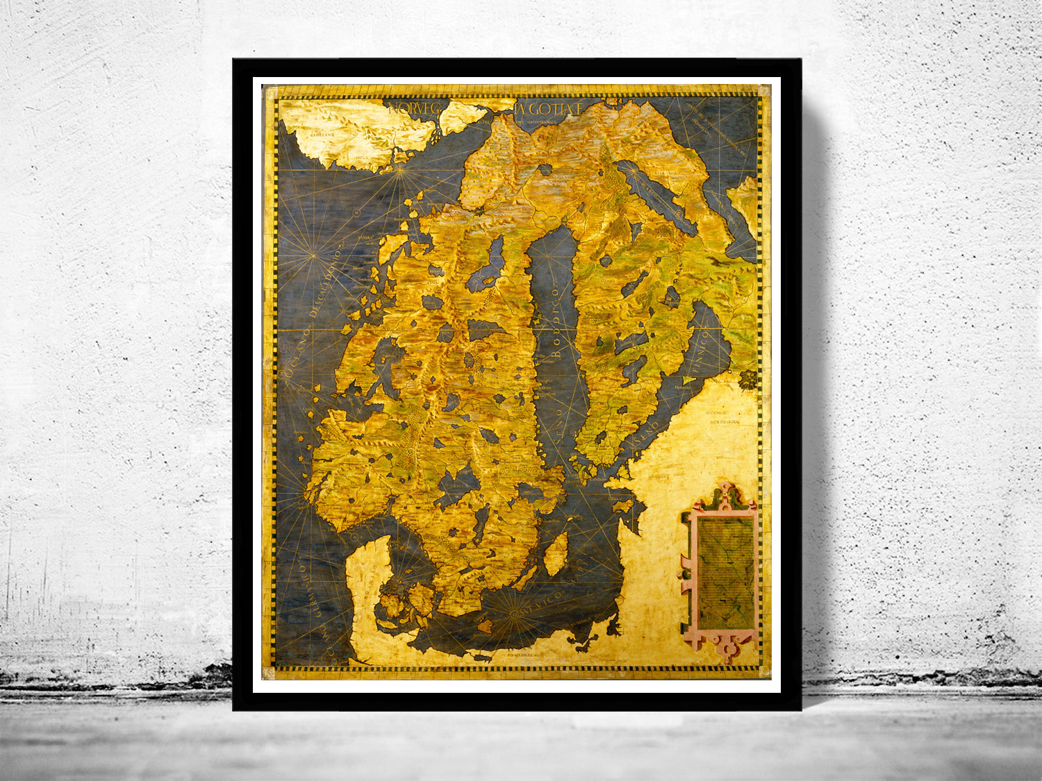 The image is a framed map of the world, featuring a detailed and intricate design with a golden and black color scheme.