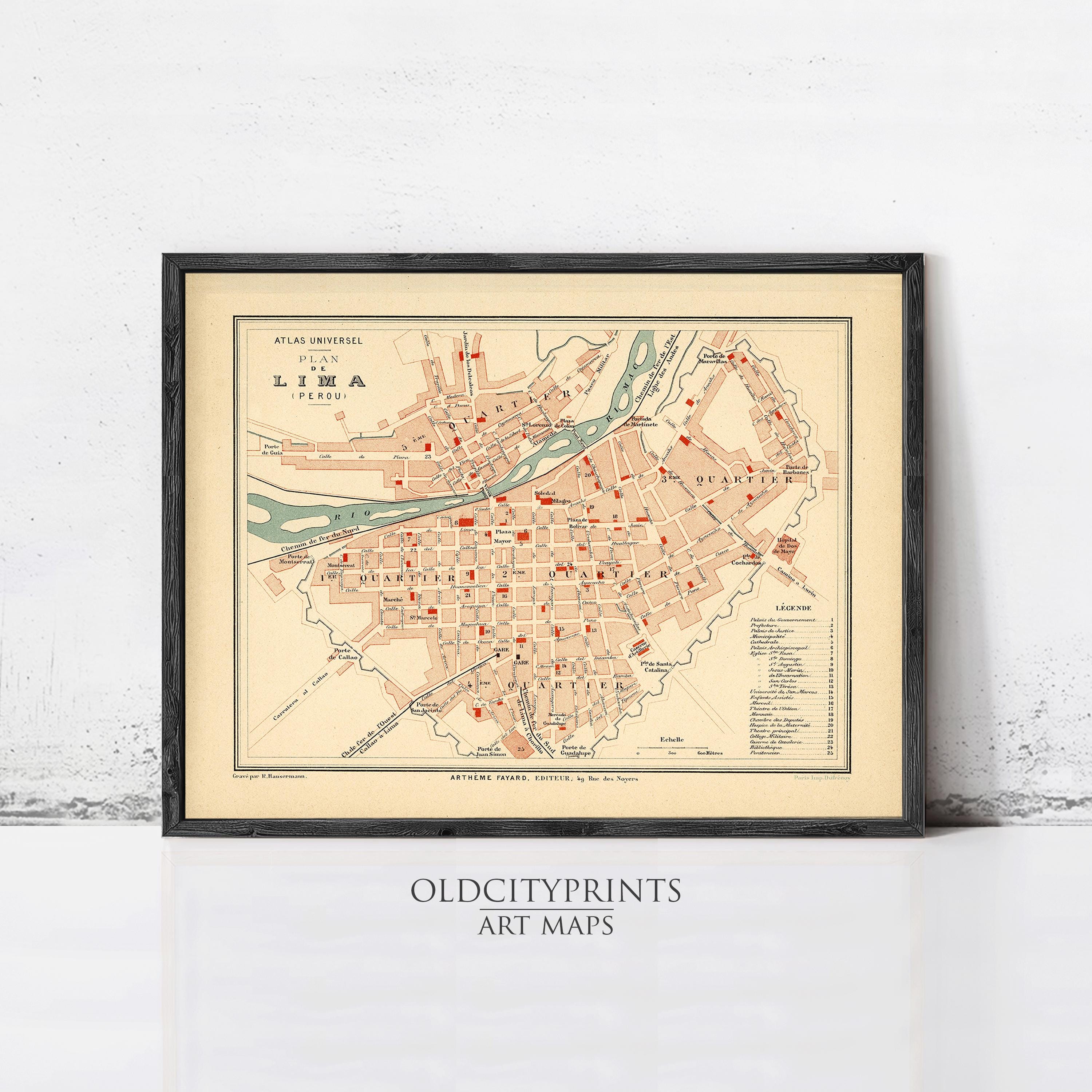 The image is a framed vintage map of Lima, Peru, depicting the city's layout and surrounding areas.