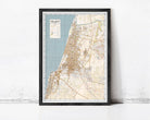 The image is a framed map of Tel Aviv, Israel, showing the city's streets, landmarks, and surrounding areas.