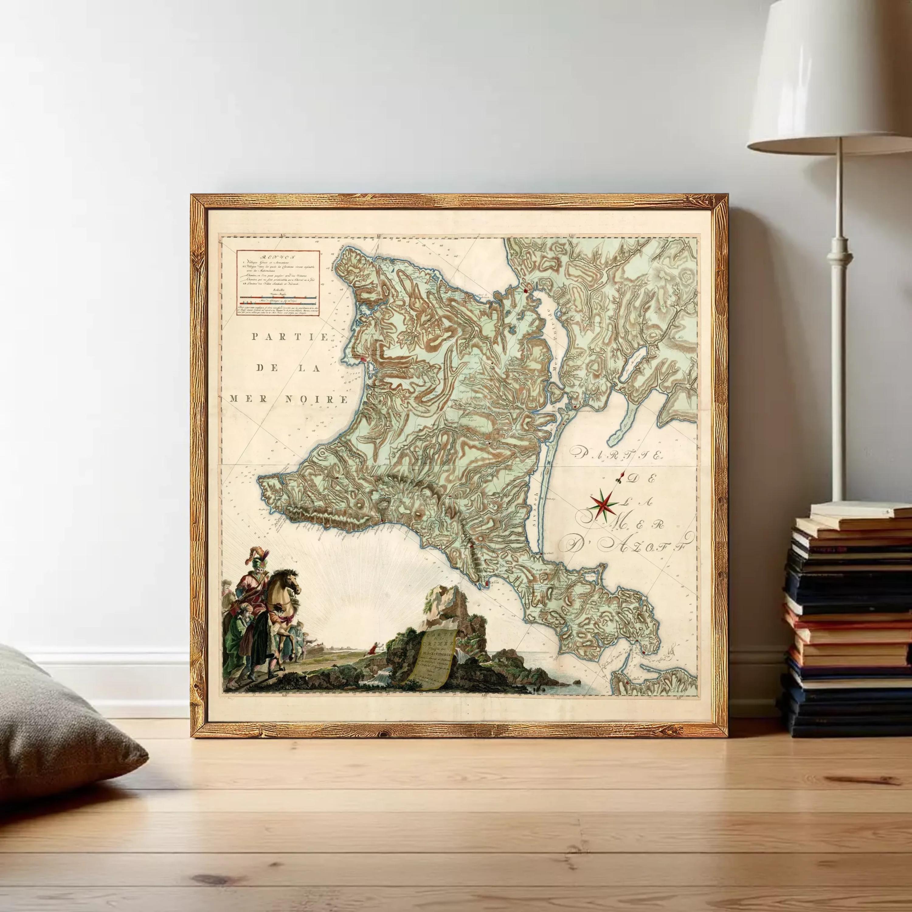 The image is a framed antique map of France, depicting a mountainous region with a river and a small town.