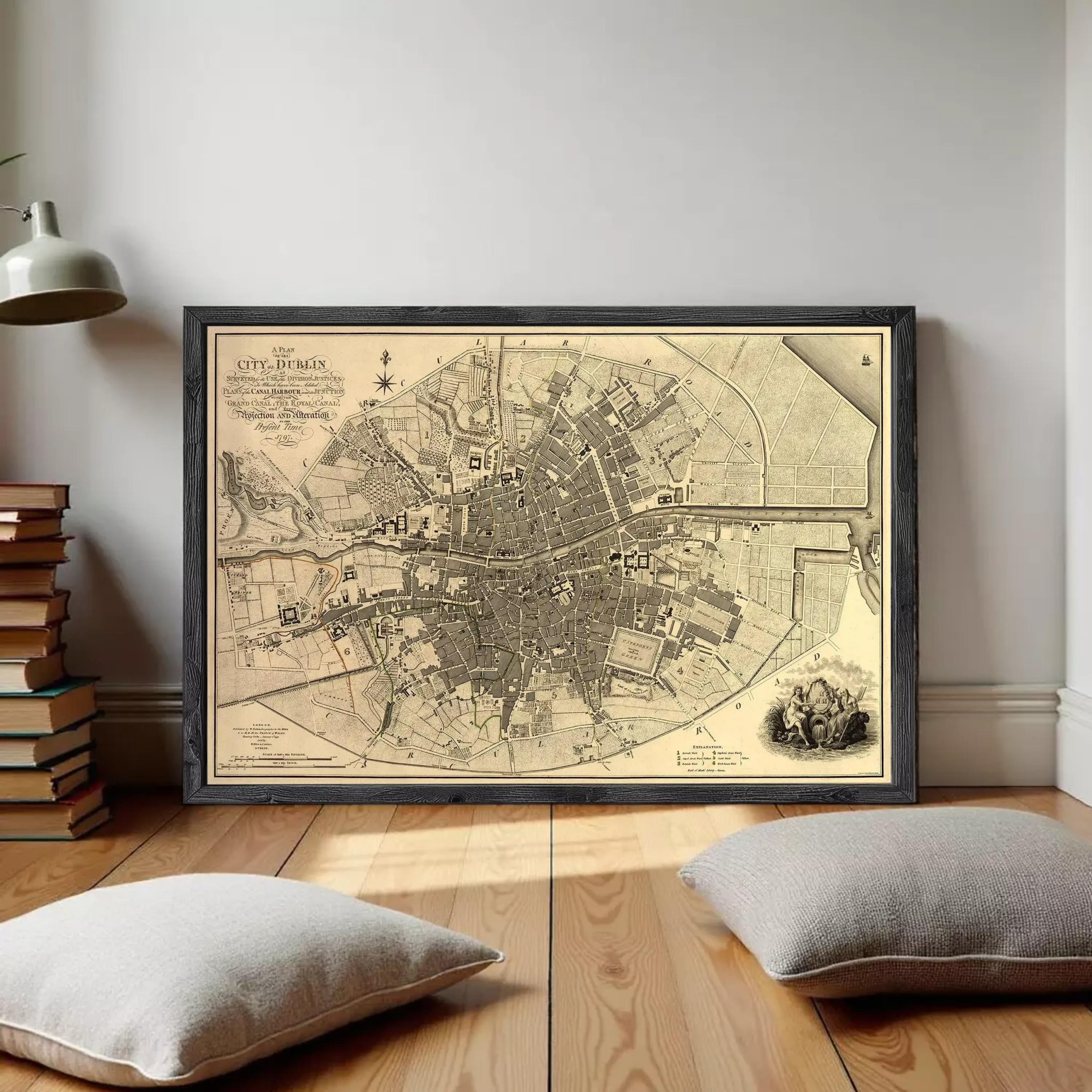 The image is a framed historical map of a city, likely Dublin, Ireland, dated 1750.