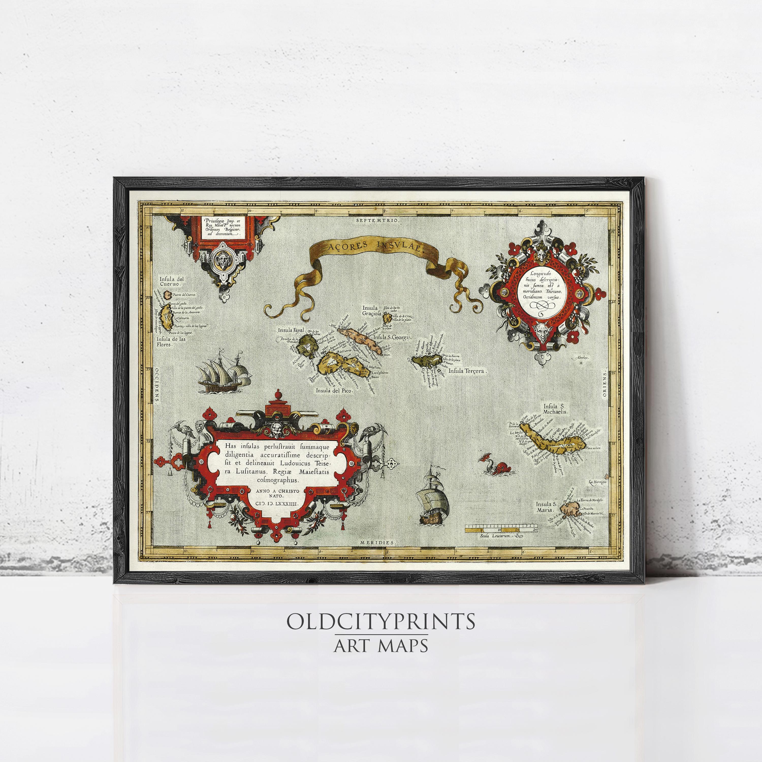 The image is a framed art print depicting various marine creatures and nautical elements, including ships, fish, and other sea life.