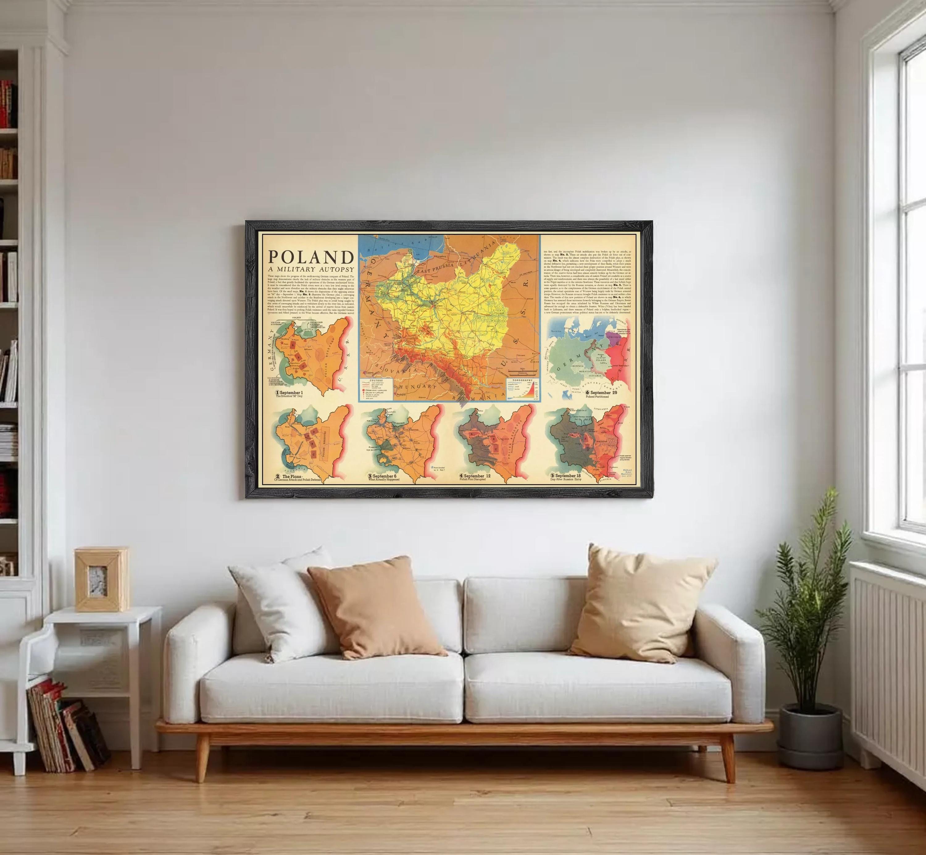 A framed map of Poland, depicting the country's military autony or military history, with various maps and labels showing different regions and zones within Poland.