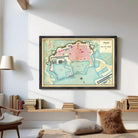 The image is a framed map of a city, likely a coastal city, with various landmarks and waterways depicted.