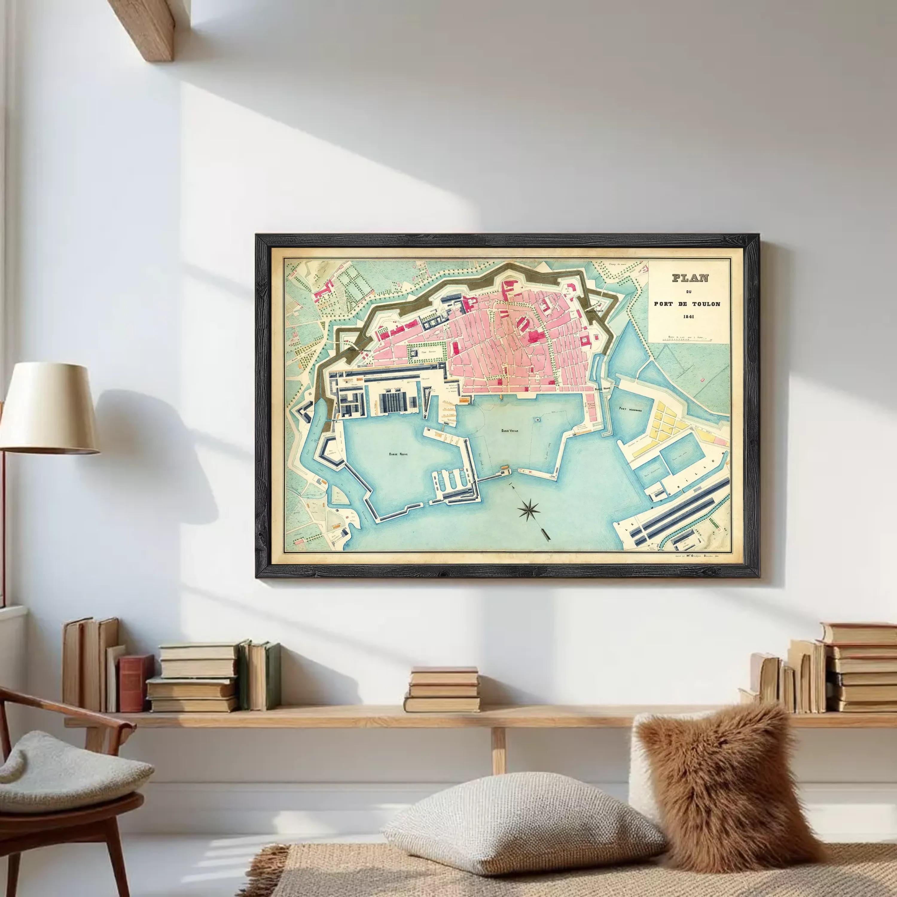 The image is a framed map of a city, likely a coastal city, with various landmarks and waterways depicted.